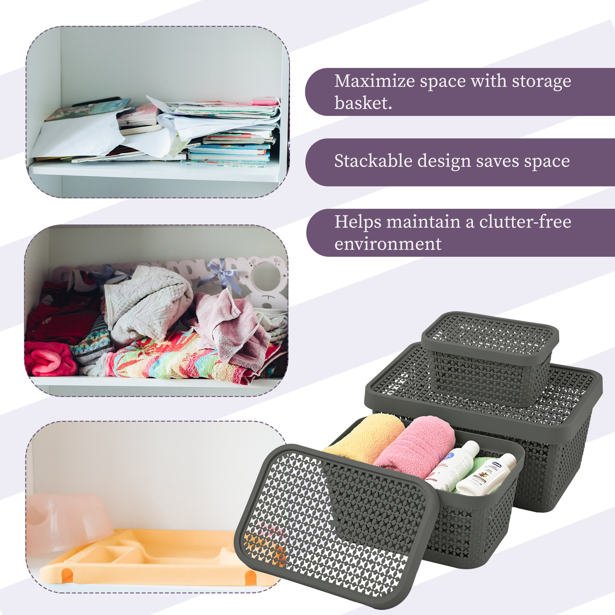 Set of 3 Stackable Plastic Basket for Storage with Lid  Multipurpose Toys Stationery Organizers Box  Countertop Basket Organisers for Kitchen and Bathroom Accessories  Grey