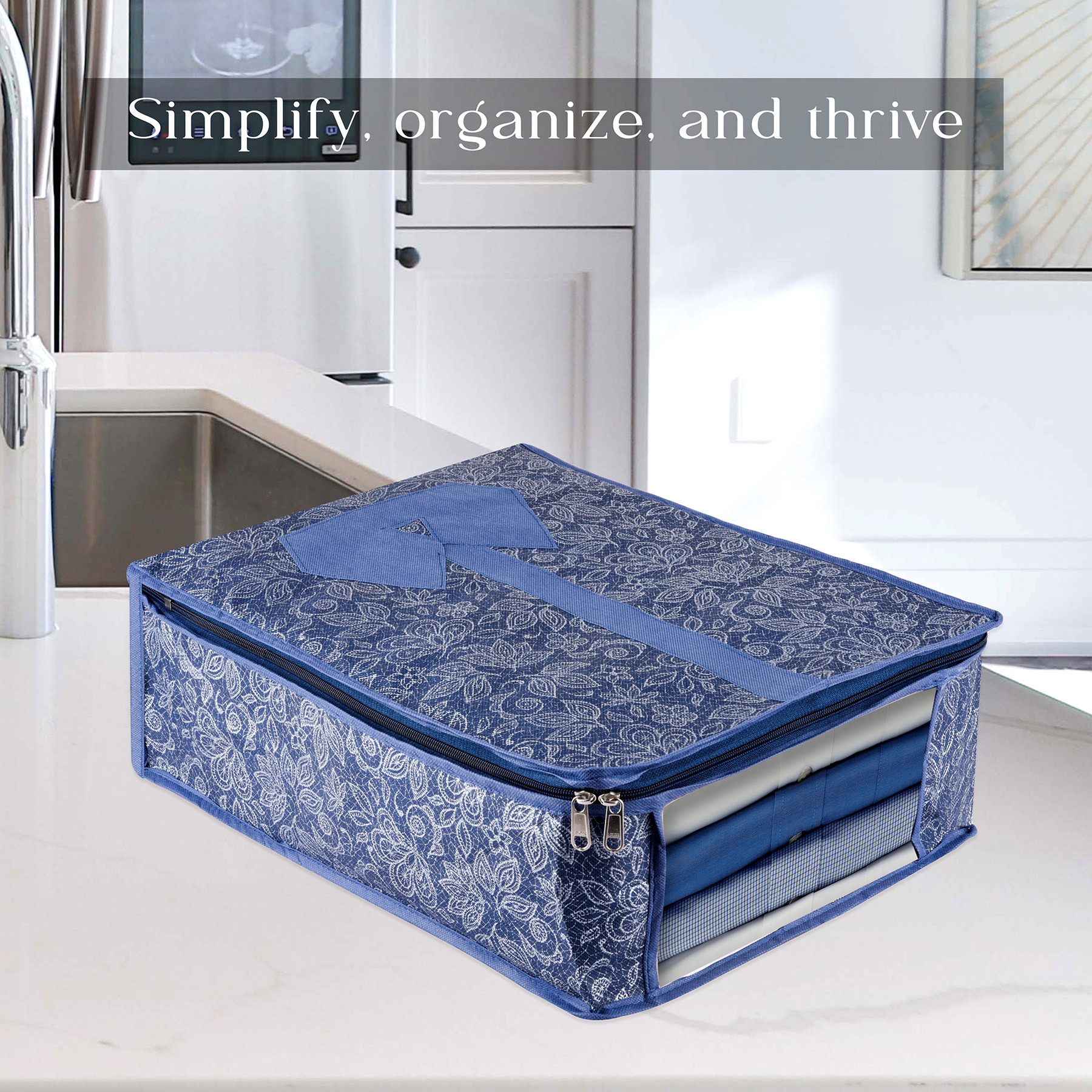 Shirt Storage Bag  Clothes Storage Bag  Wardrobe Storage Bag  Shirt Organizer for Closet  Visible Window Shirt Bag  Flower Printed Shirt Cover  Pack of 2  Navy Blue