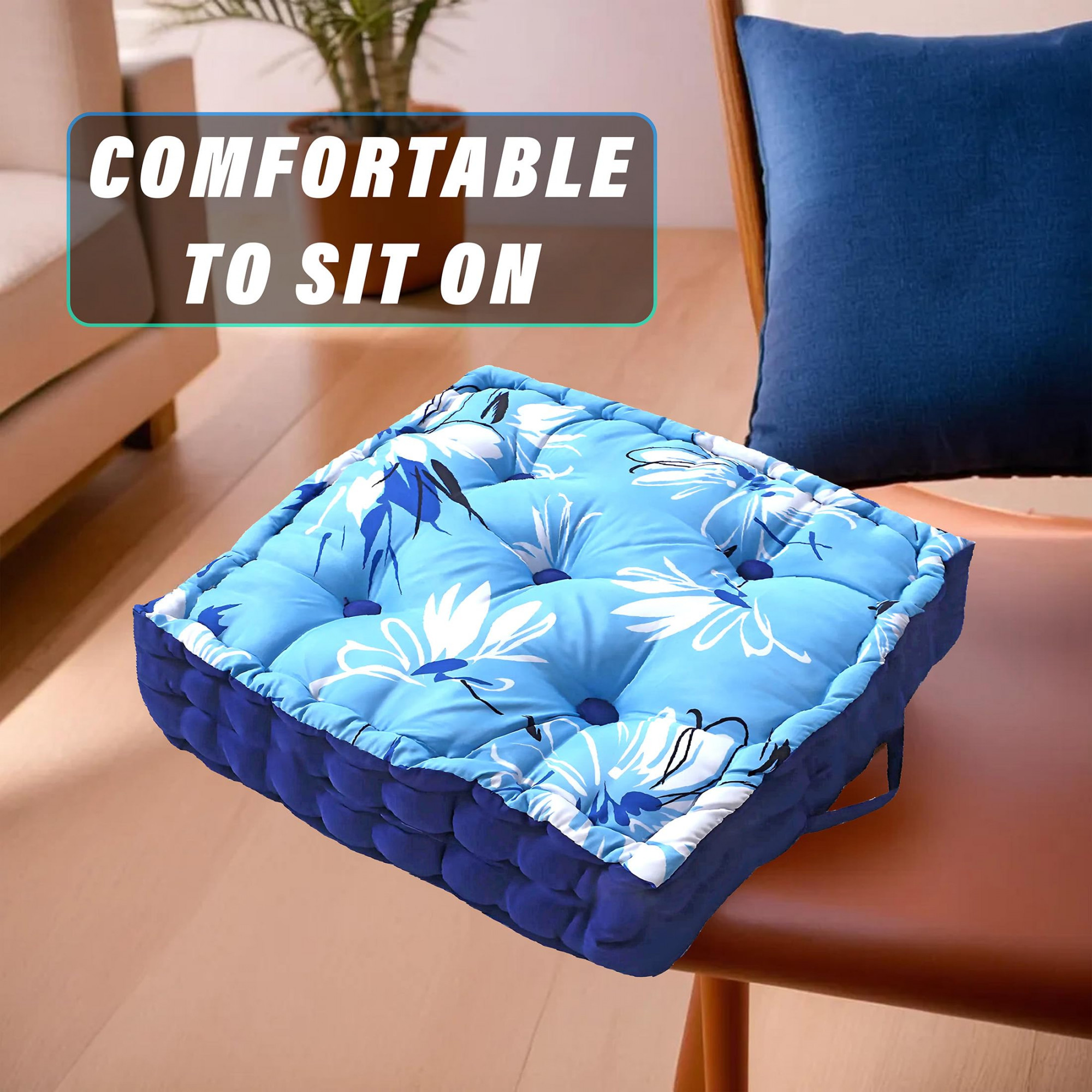 Square Chair PadComfortable Floral Design Seat CushionSoft Cotton Pillow Filler for SeatingMeditationYogaLiving Room Sky Blue