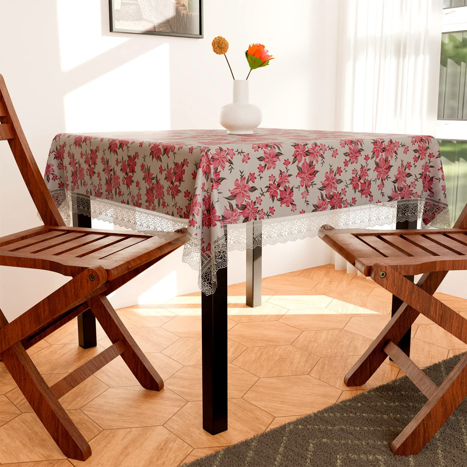 Square Table Cover for 4 SeaterPVC Waterproof Flower Pattern Tablecloth Indoor  Outdoor48x48 Inch White