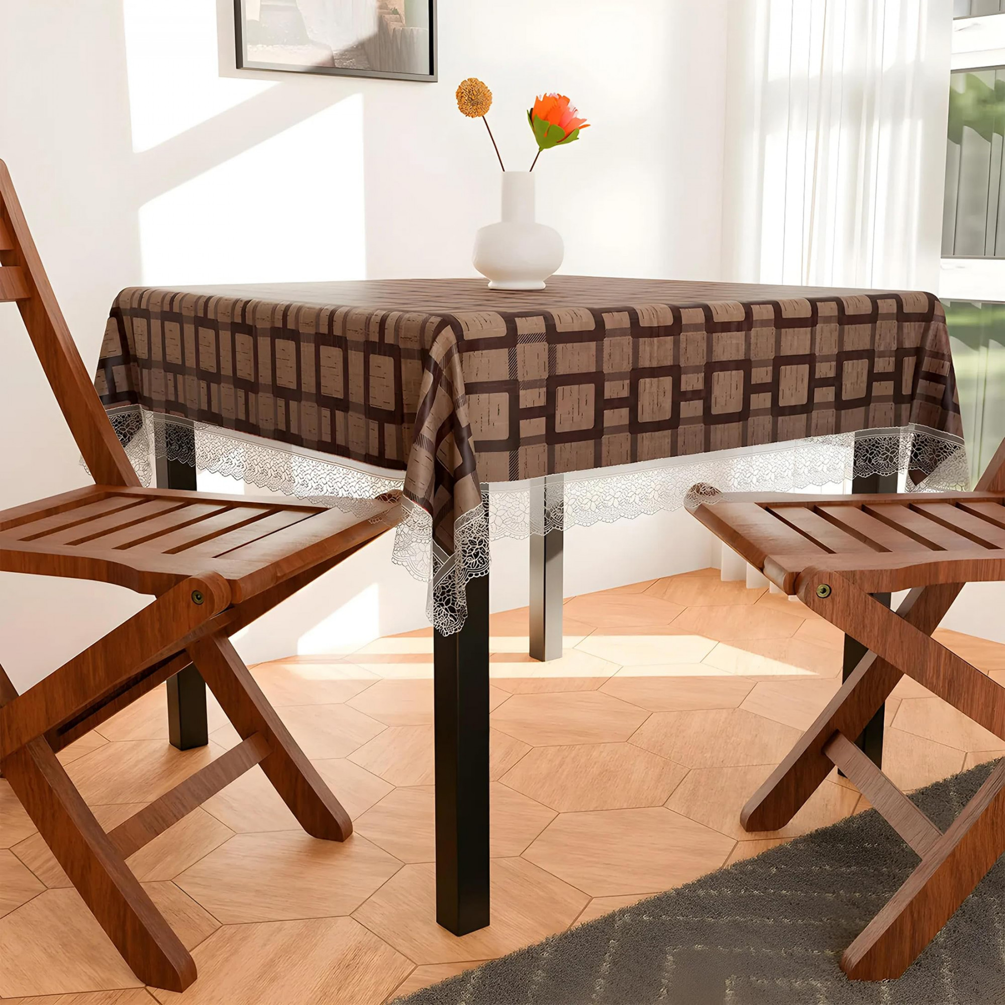 Square Table Cover for 4 SeaterPVC Waterproof Square Pattern Tablecloth Indoor  Outdoor48x48 Inch Brown