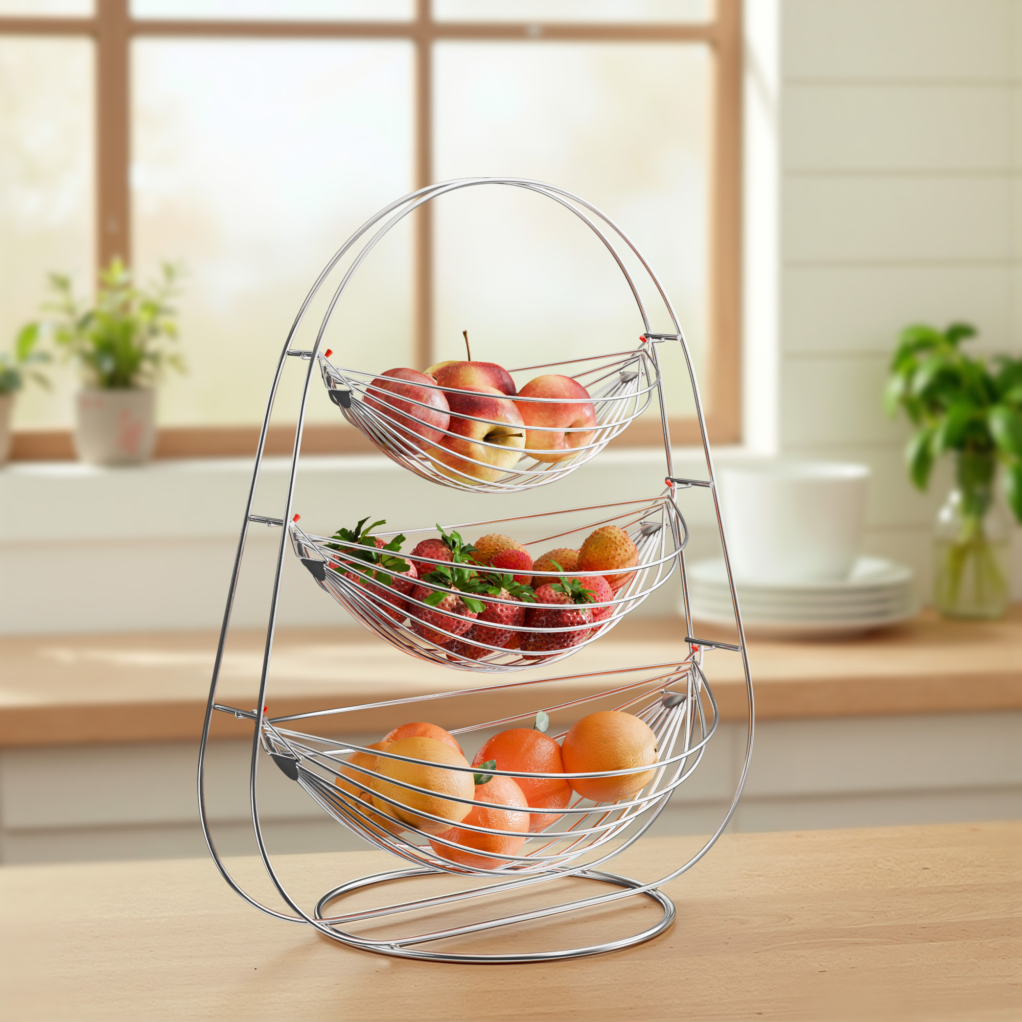 Stainless Steel 3 Layer Fruits Basket with Stand  Half Round Wire Vegetable Bowl for SnackBread Basket  Kitchen Counter  Silver