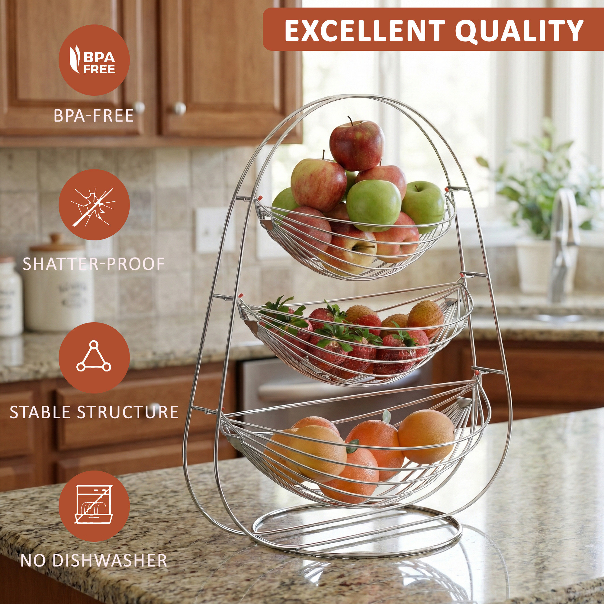 Stainless Steel 3 Layer Fruits Basket with Stand  Half Round Wire Vegetable Bowl for SnackBread Basket  Kitchen Counter  Silver