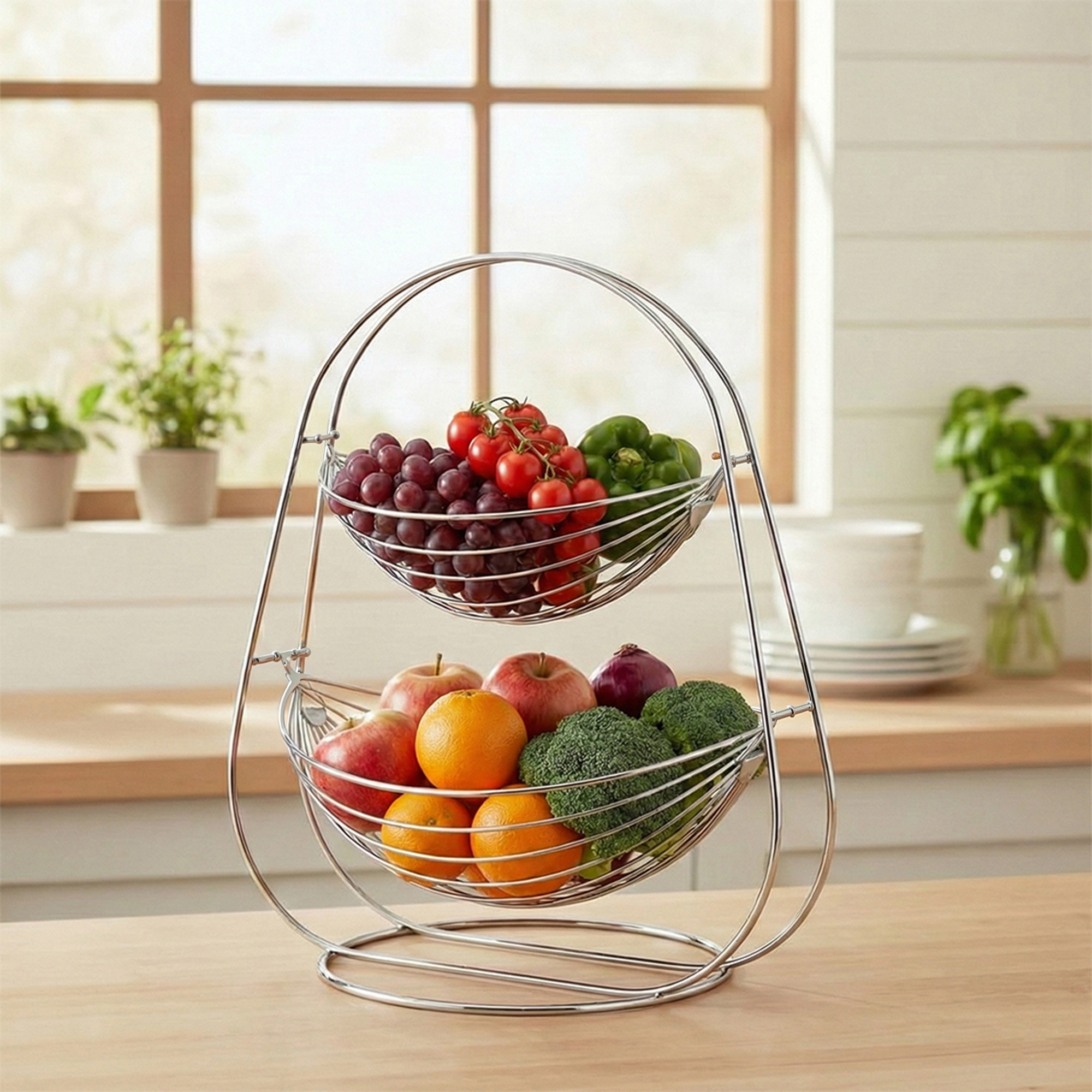 Stainless Steel Double Layer Fruits Basket with Stand  Half Round Wire Vegetable Bowl for SnackBread Basket  Kitchen Counter  Silver