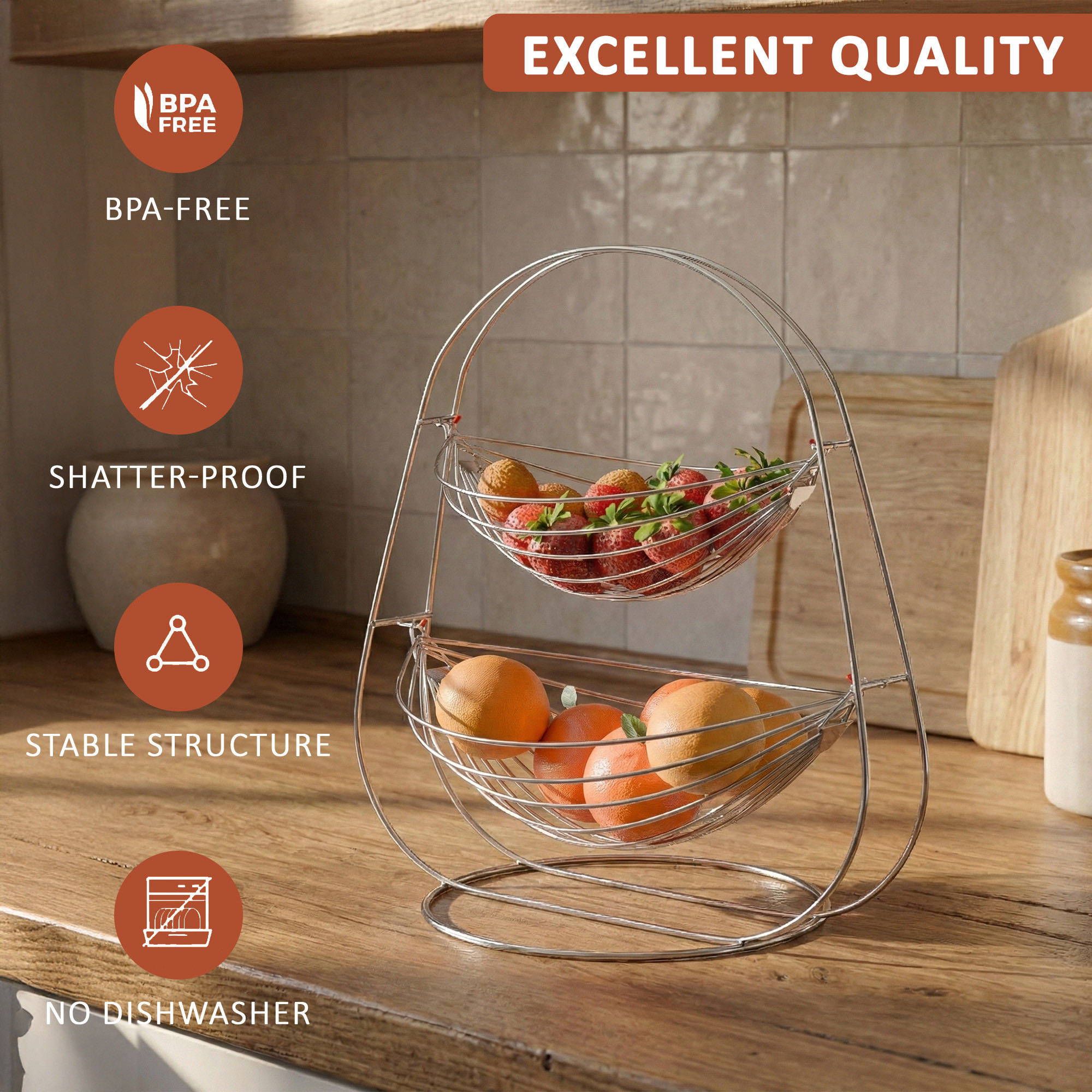 Stainless Steel Double Layer Fruits Basket with Stand  Half Round Wire Vegetable Bowl for SnackBread Basket  Kitchen Counter  Silver