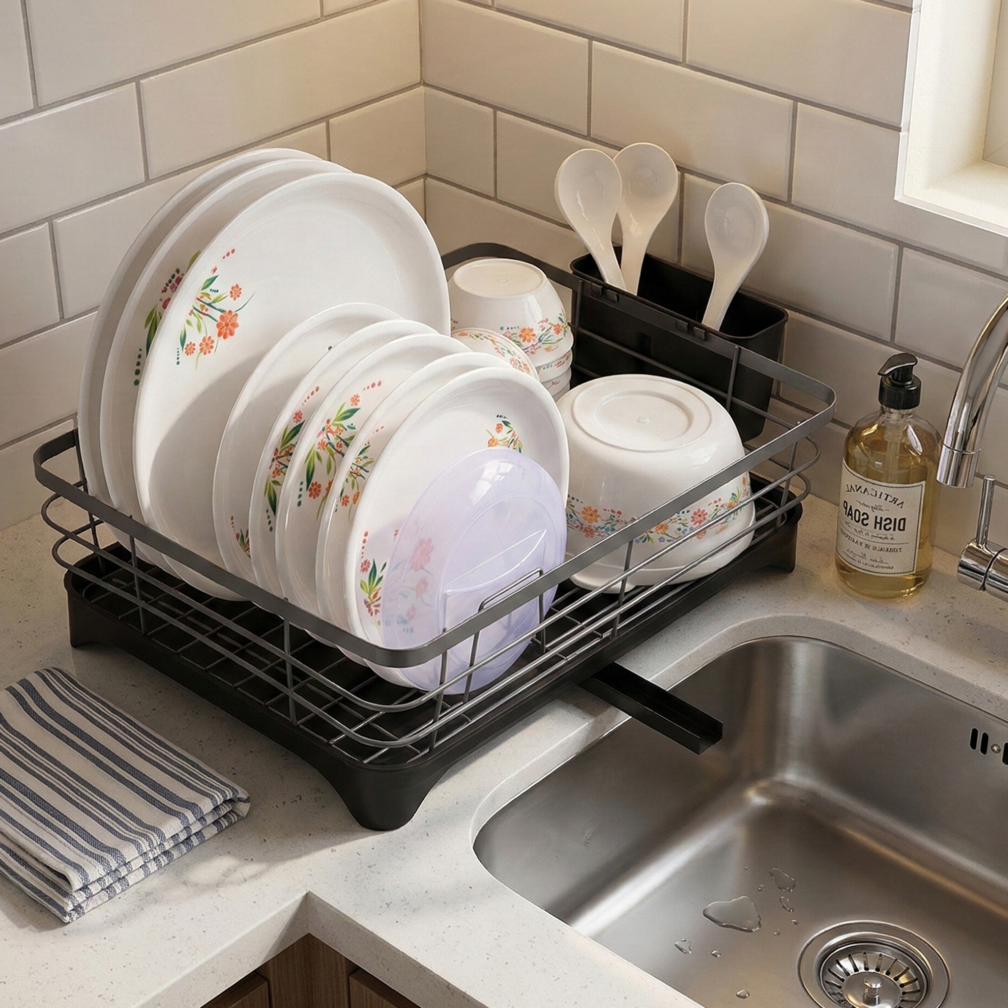 Stainless Steel Kitchen Drying Rack with Drain Tray  Cutlery Holder  Countertop Utensils Stand  Dish Rack for Kitchen  Bartan Stand  Gray