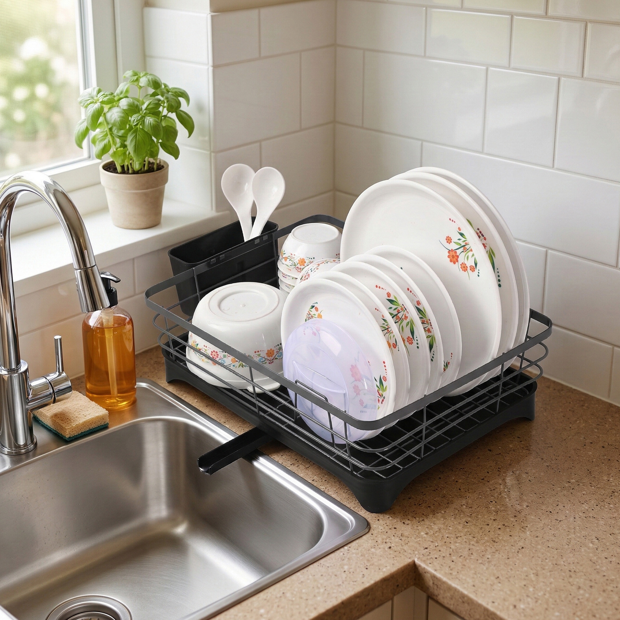 Stainless Steel Kitchen Drying Rack with Drain Tray  Cutlery Holder  Countertop Utensils Stand  Dish Rack for Kitchen  Bartan Stand  Gray