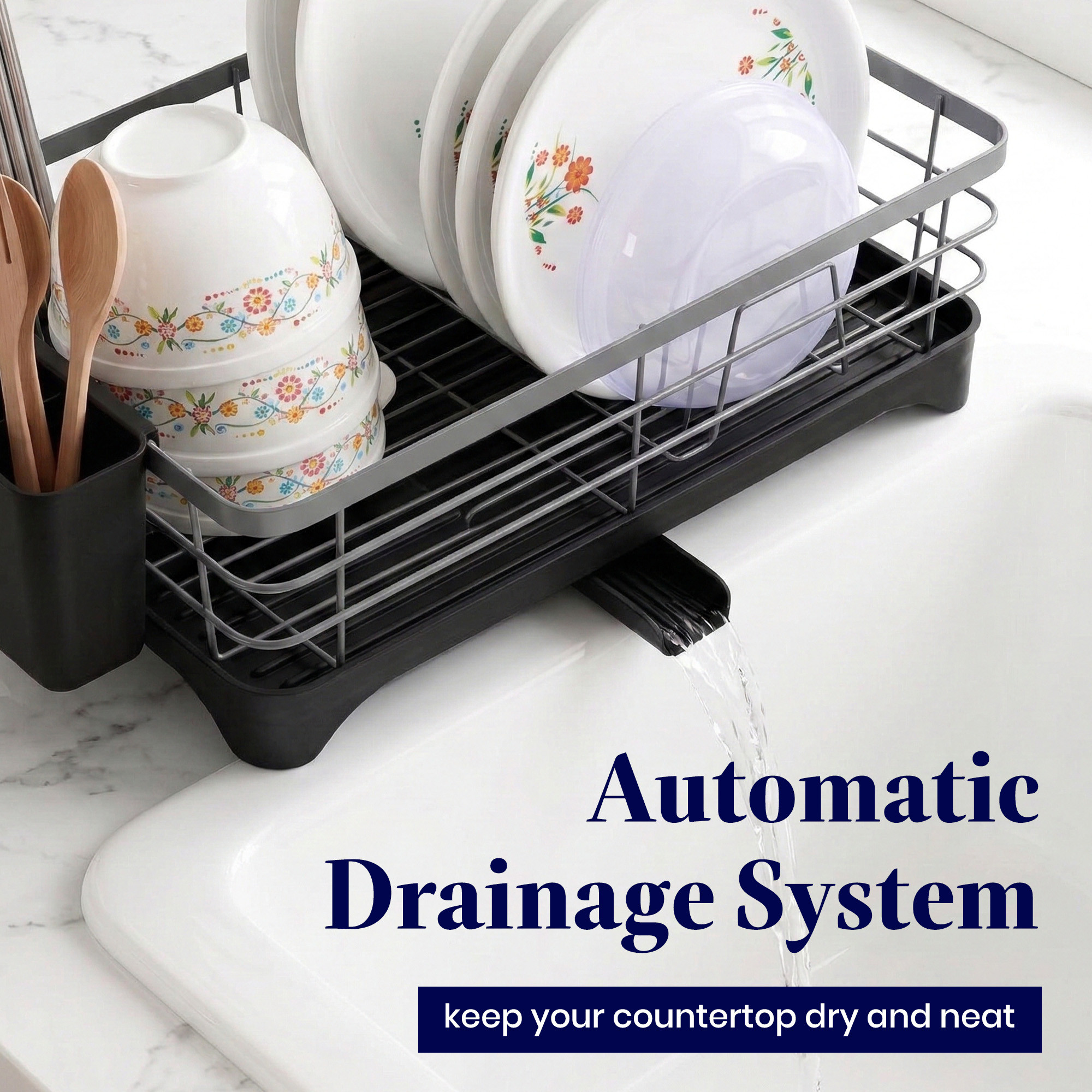 Stainless Steel Kitchen Drying Rack with Drain Tray  Cutlery Holder  Countertop Utensils Stand  Dish Rack for Kitchen  Bartan Stand  Gray