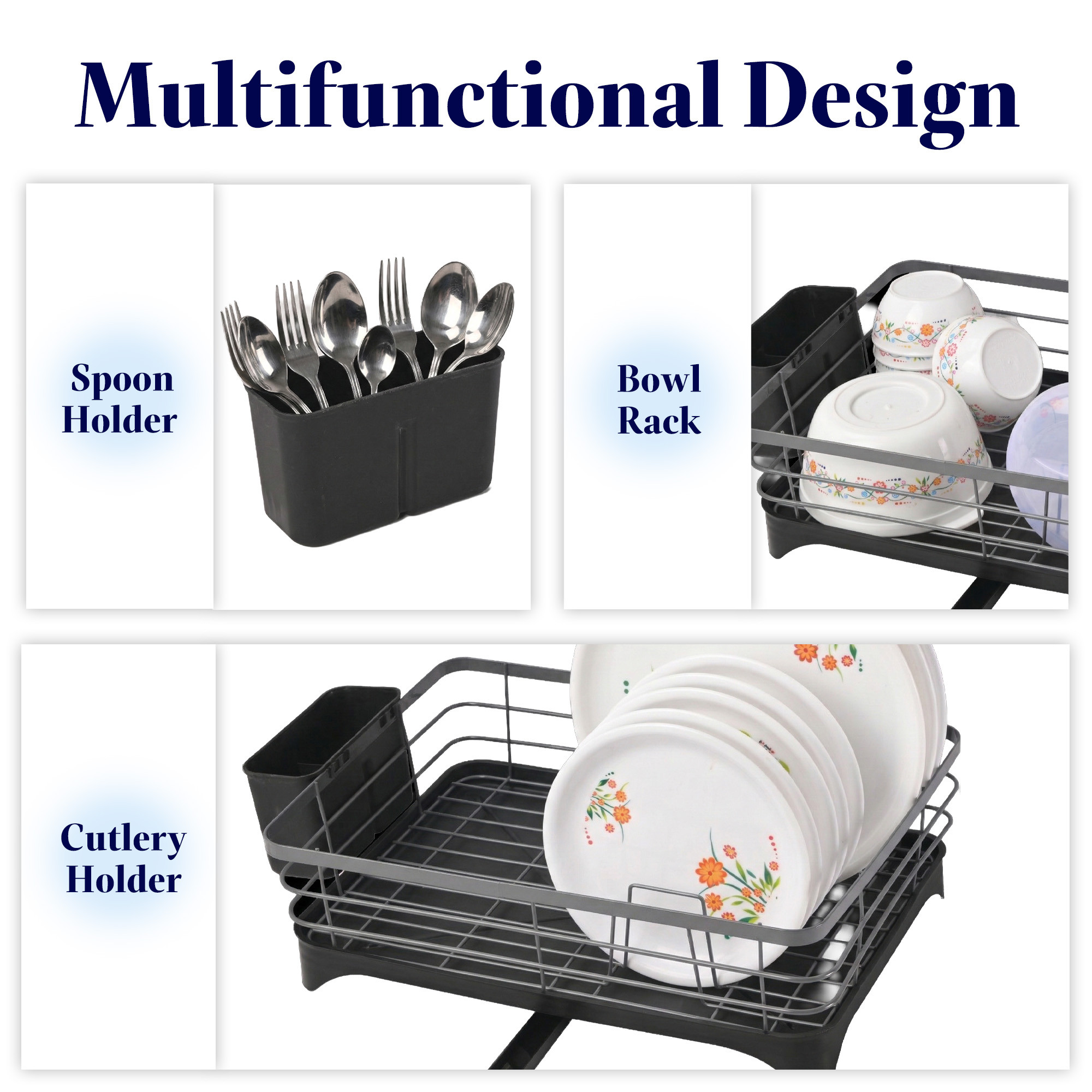 Stainless Steel Kitchen Drying Rack with Drain Tray  Cutlery Holder  Countertop Utensils Stand  Dish Rack for Kitchen  Bartan Stand  Gray