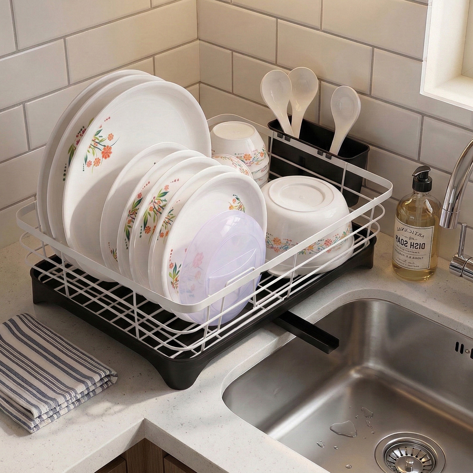 Stainless Steel Kitchen Drying Rack with Drain Tray  Cutlery Holder  Countertop Utensils Stand  Dish Rack for Kitchen  Bartan Stand  White