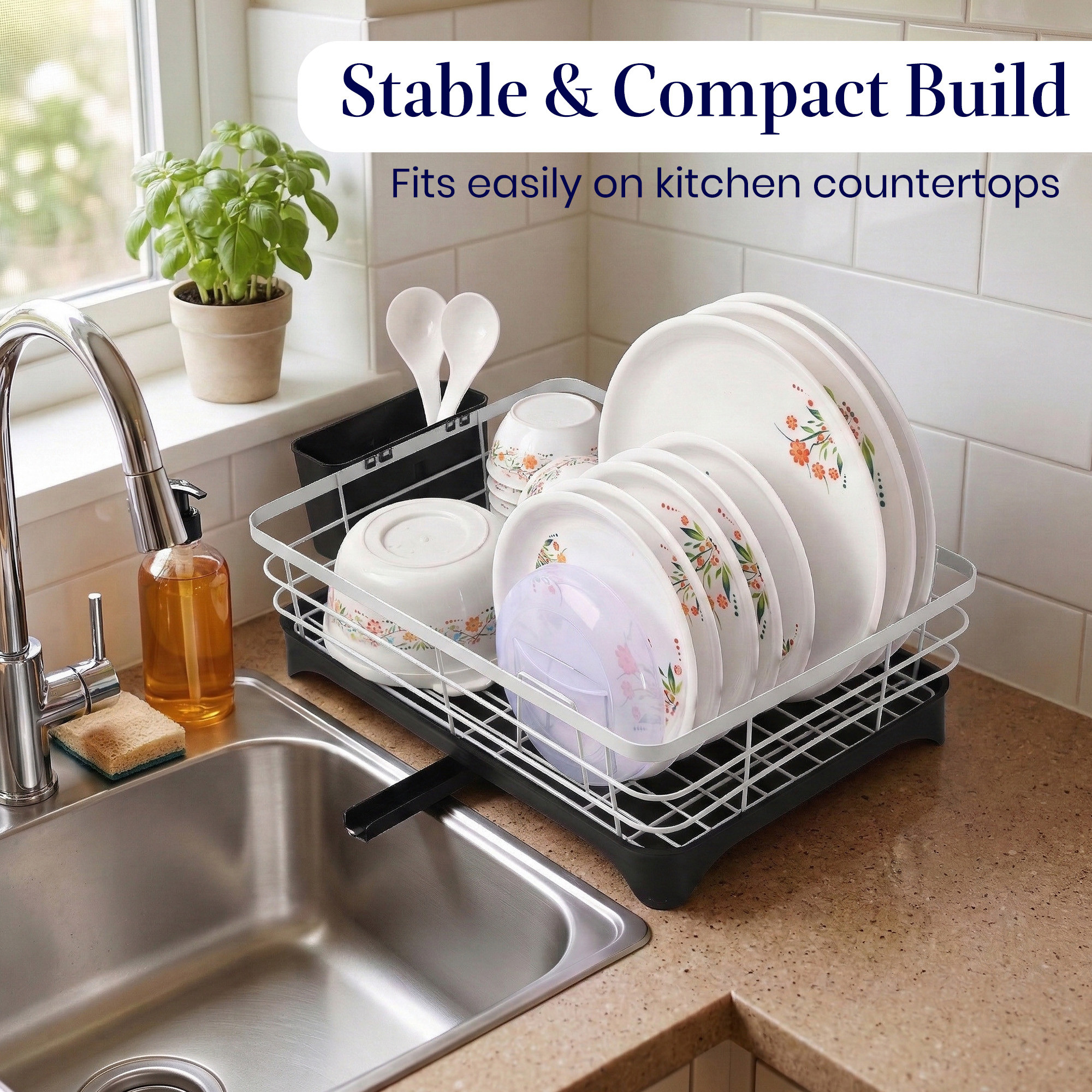 Stainless Steel Kitchen Drying Rack with Drain Tray  Cutlery Holder  Countertop Utensils Stand  Dish Rack for Kitchen  Bartan Stand  White