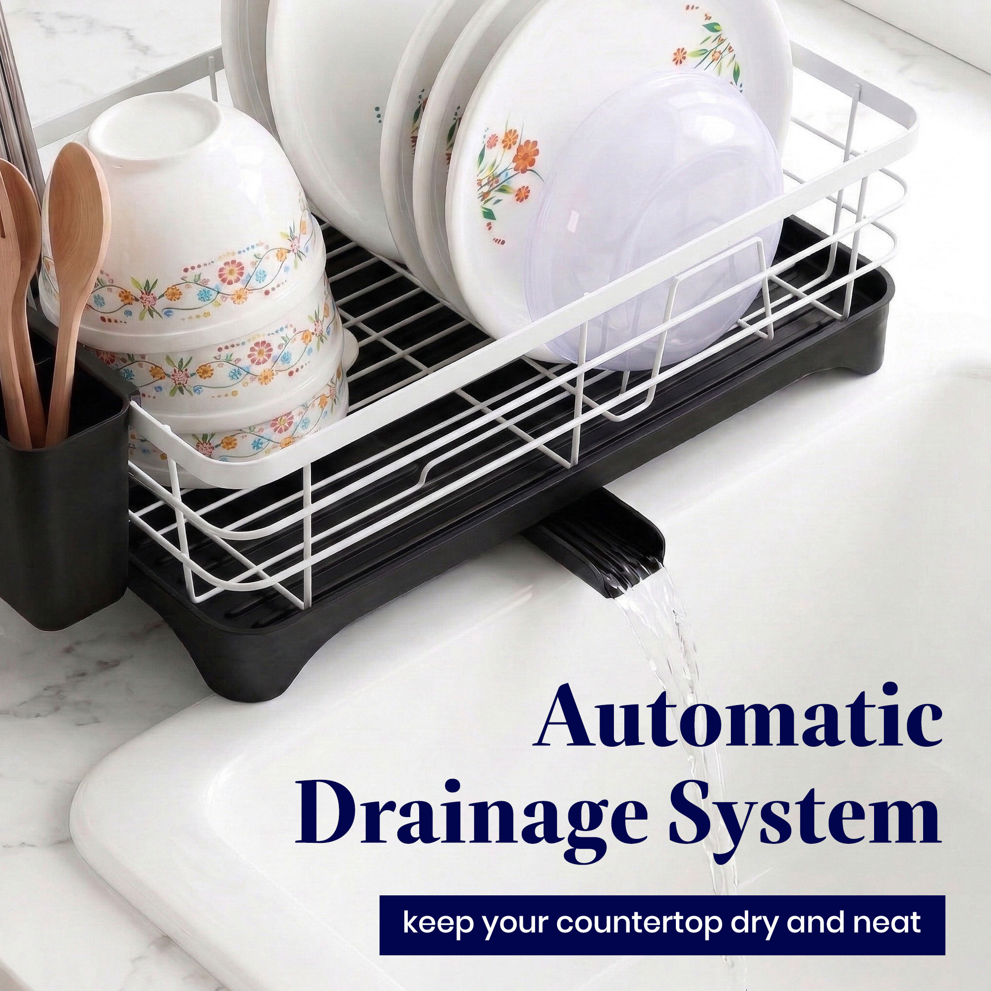 Stainless Steel Kitchen Drying Rack with Drain Tray  Cutlery Holder  Countertop Utensils Stand  Dish Rack for Kitchen  Bartan Stand  White