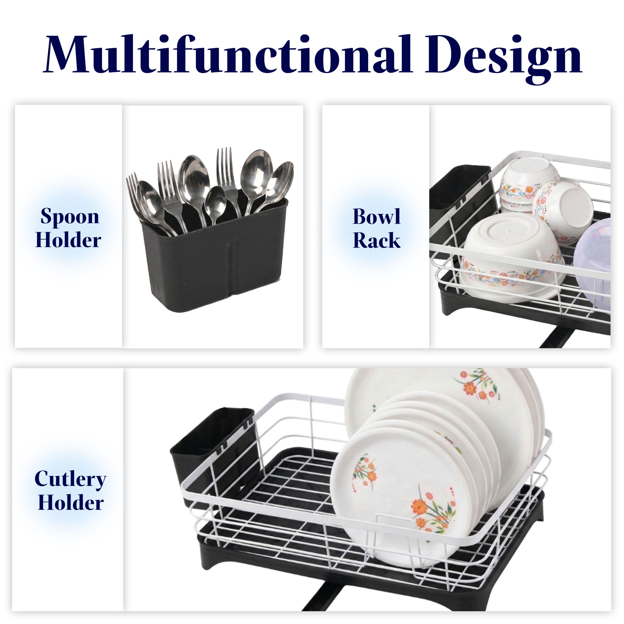 Stainless Steel Kitchen Drying Rack with Drain Tray  Cutlery Holder  Countertop Utensils Stand  Dish Rack for Kitchen  Bartan Stand  White