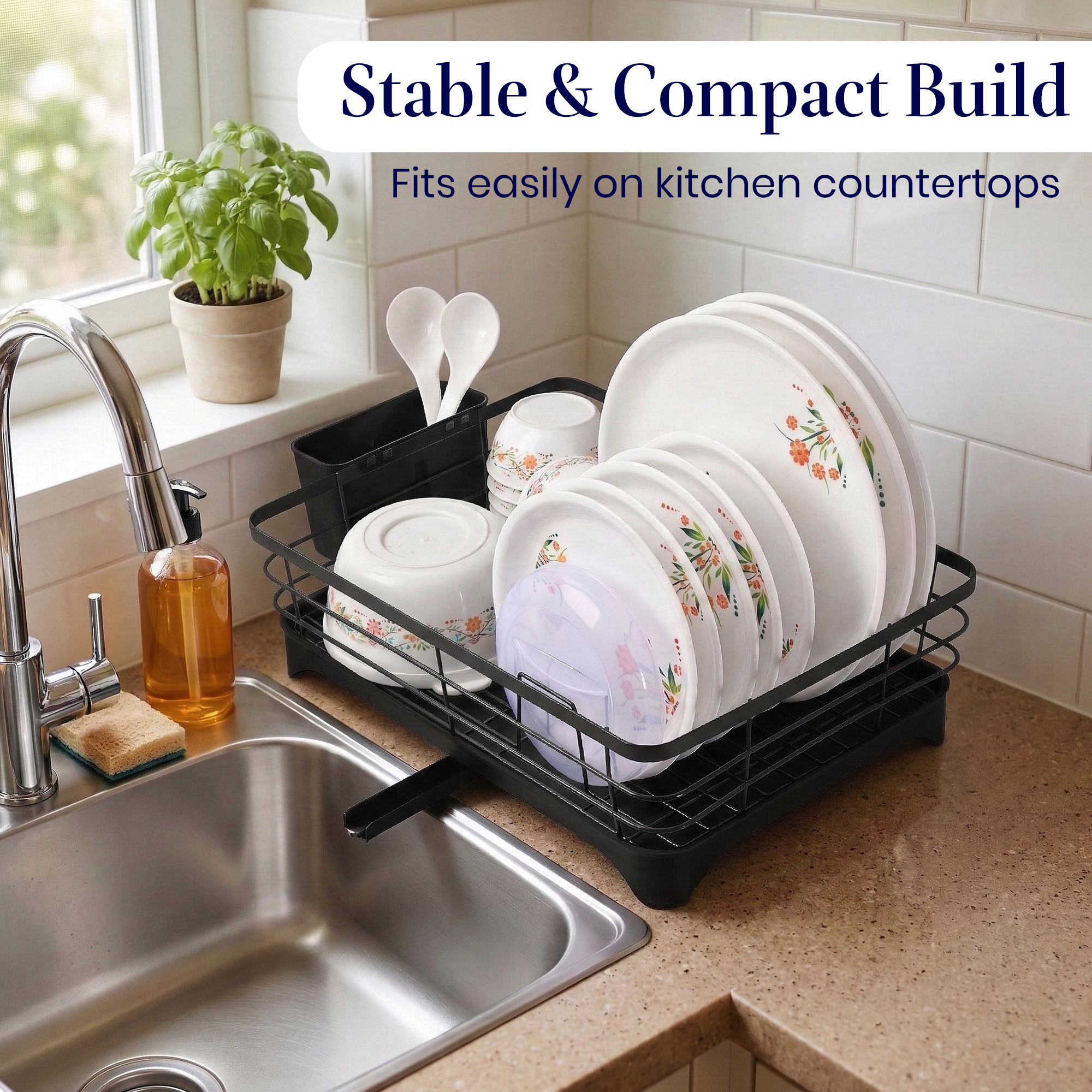 Stainless Steel Kitchen Drying Rack with Drain Tray  Cutlery Holder  Countertop Utensils Stand  Dish Rack for Kitchen  Bartan Stand  Black