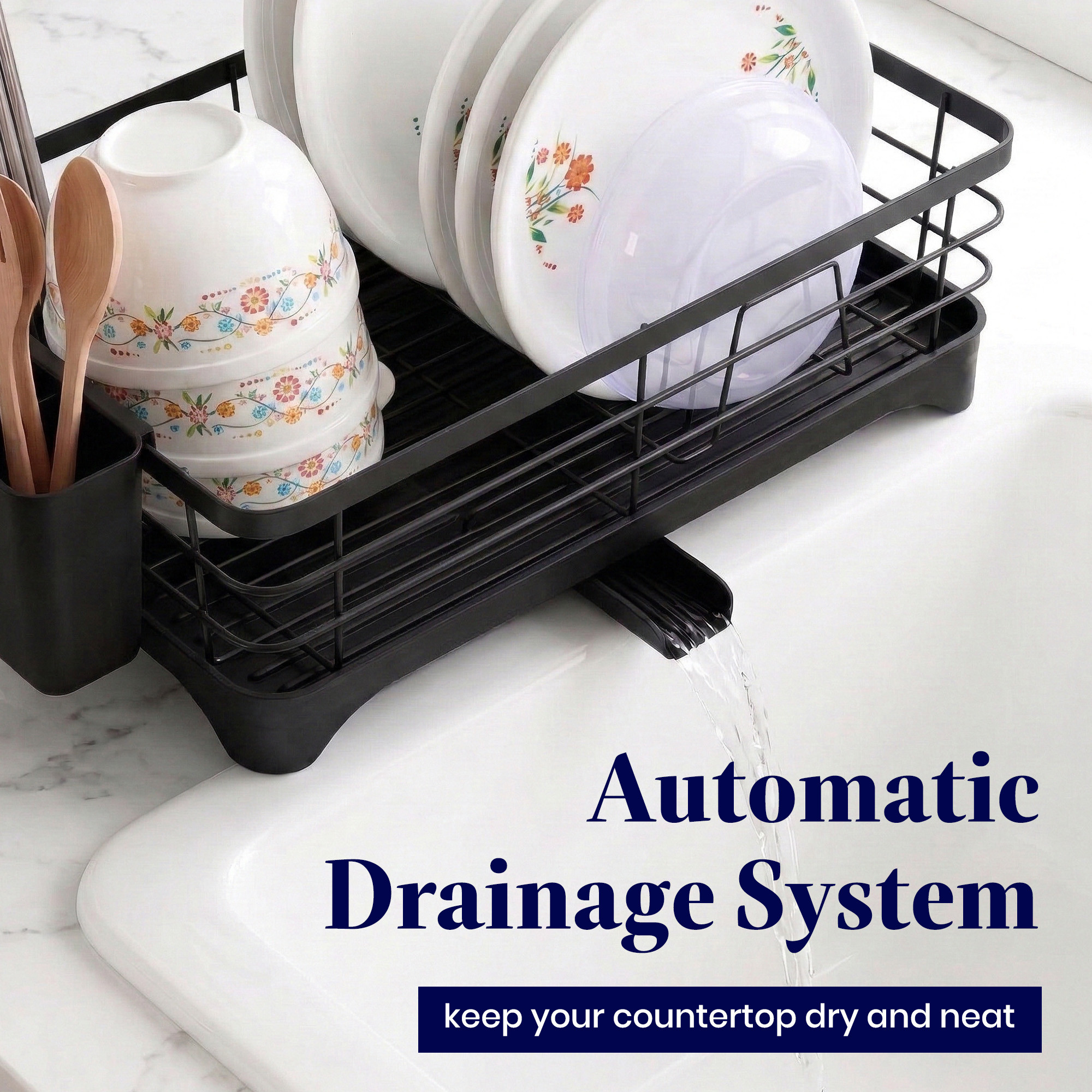 Stainless Steel Kitchen Drying Rack with Drain Tray  Cutlery Holder  Countertop Utensils Stand  Dish Rack for Kitchen  Bartan Stand  Black