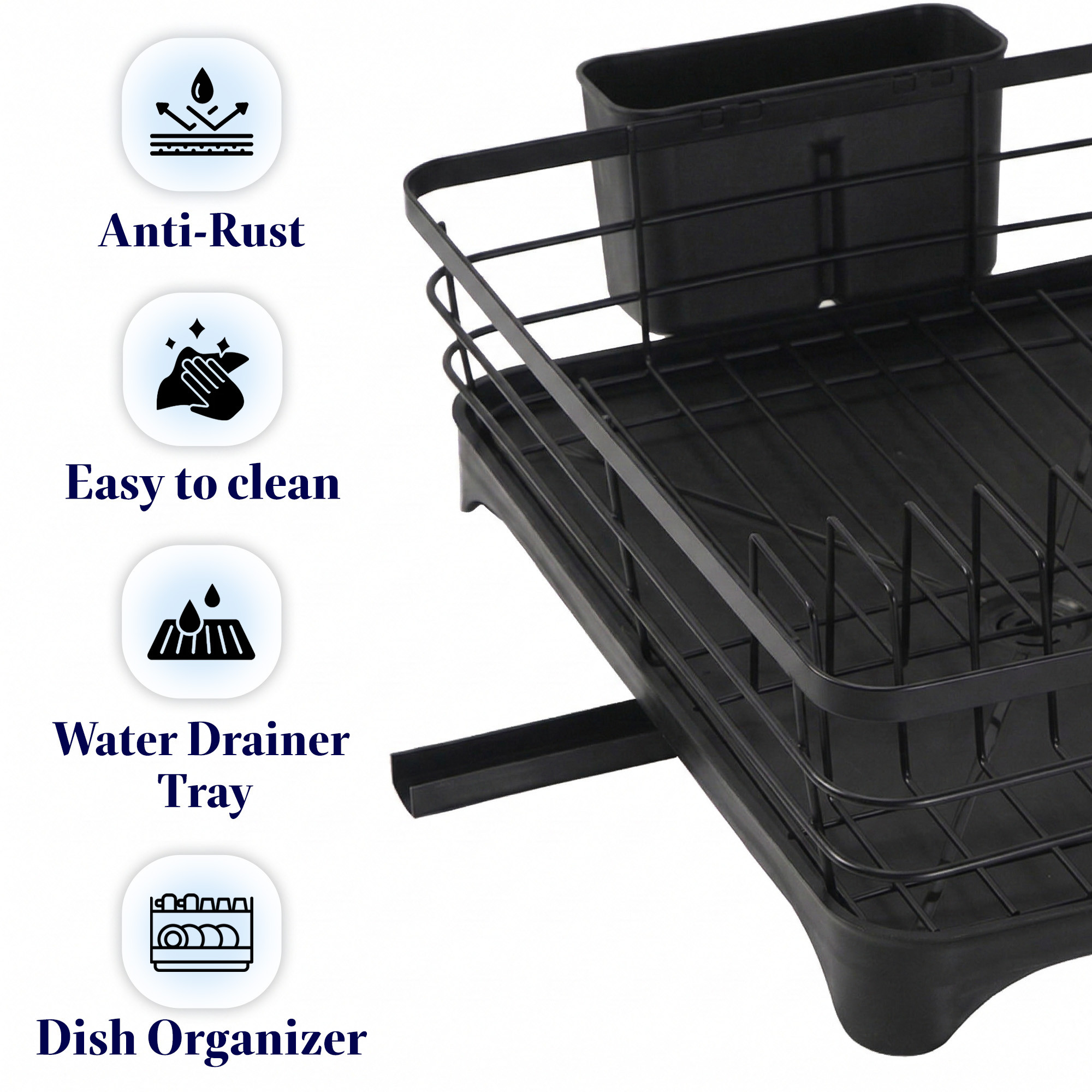 Stainless Steel Kitchen Drying Rack with Drain Tray  Cutlery Holder  Countertop Utensils Stand  Dish Rack for Kitchen  Bartan Stand  Black