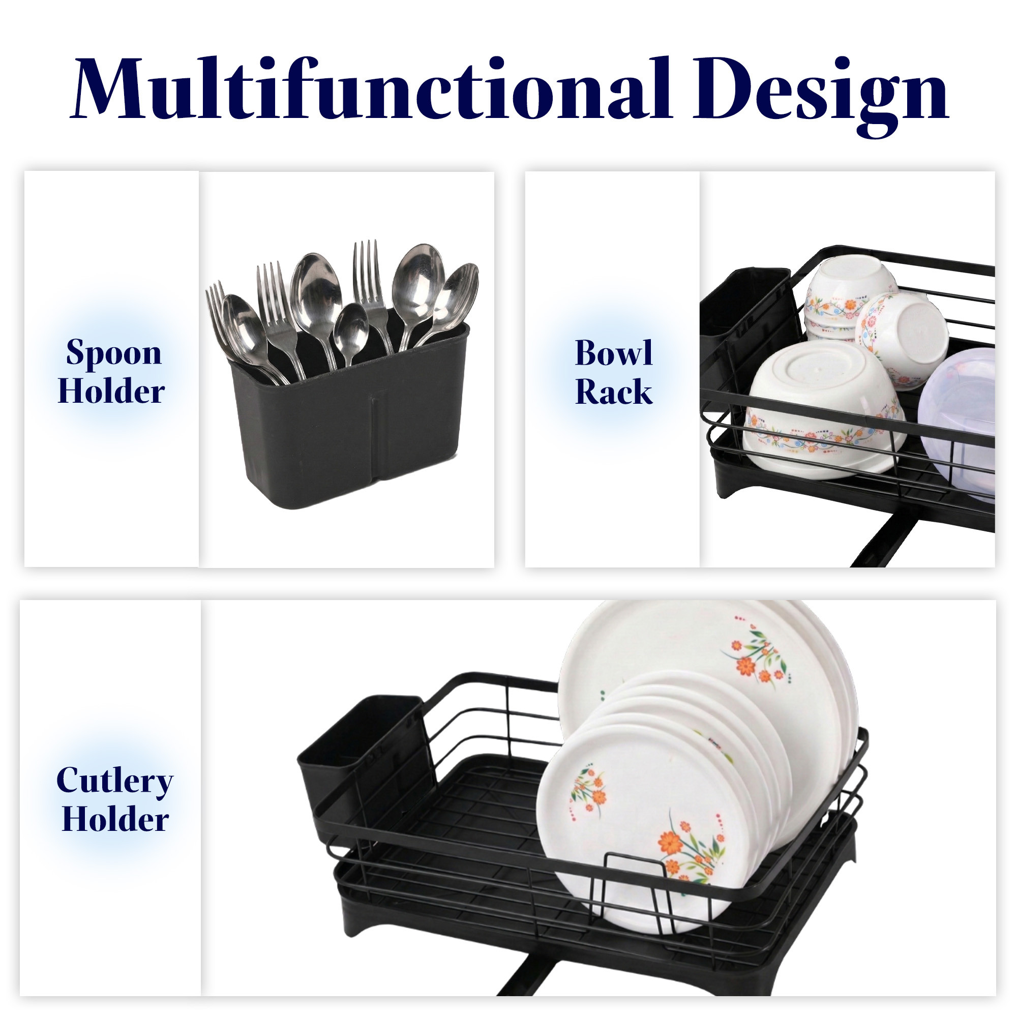 Stainless Steel Kitchen Drying Rack with Drain Tray  Cutlery Holder  Countertop Utensils Stand  Dish Rack for Kitchen  Bartan Stand  Black