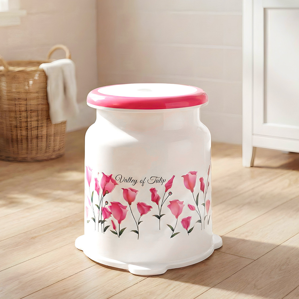 Image of Strong Plastic Tulip Design Round Seating Stool for Home | Anti-Slip Stool for Adult &amp; Senior Citizen-Friendly Design | White &amp; Pink