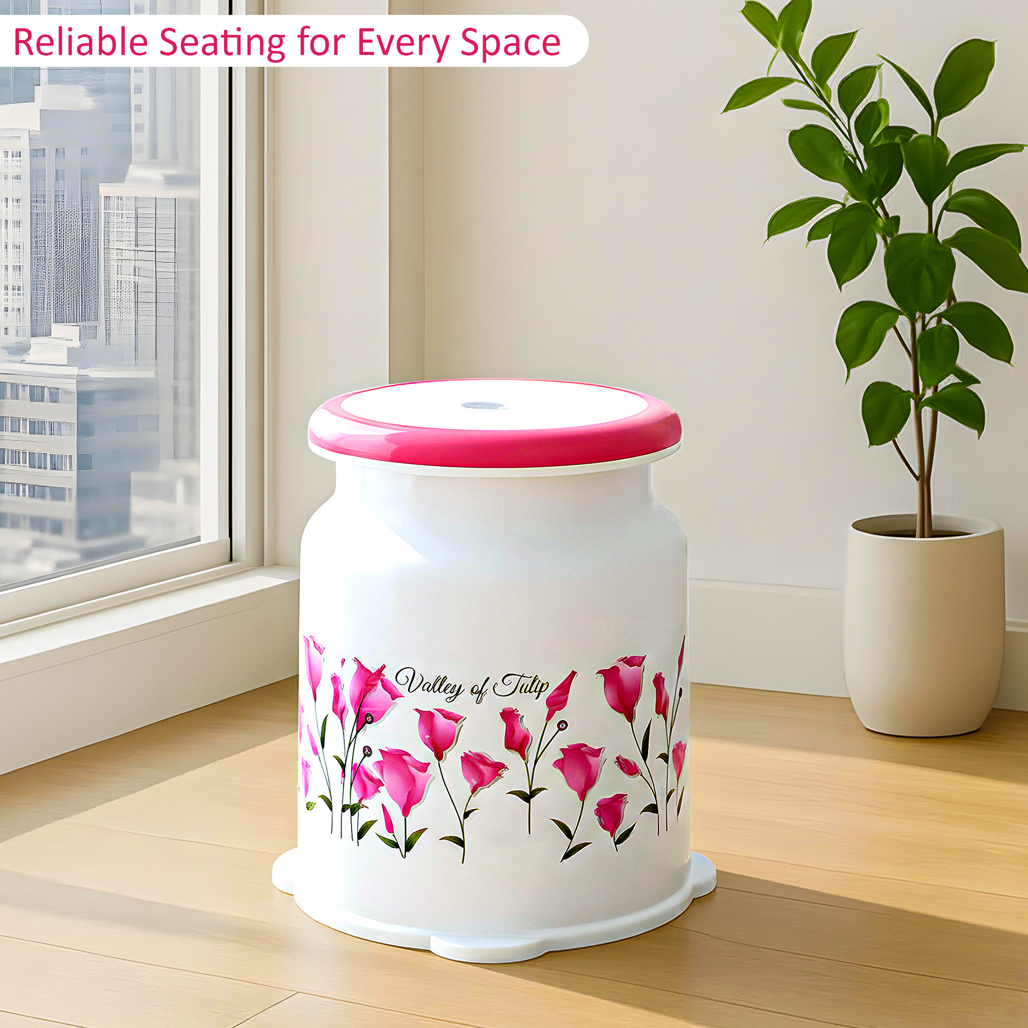 Strong Plastic Tulip Design Round Seating Stool for Home  Anti-Slip Stool for Adult  Senior Citizen-Friendly Design  White  Pink