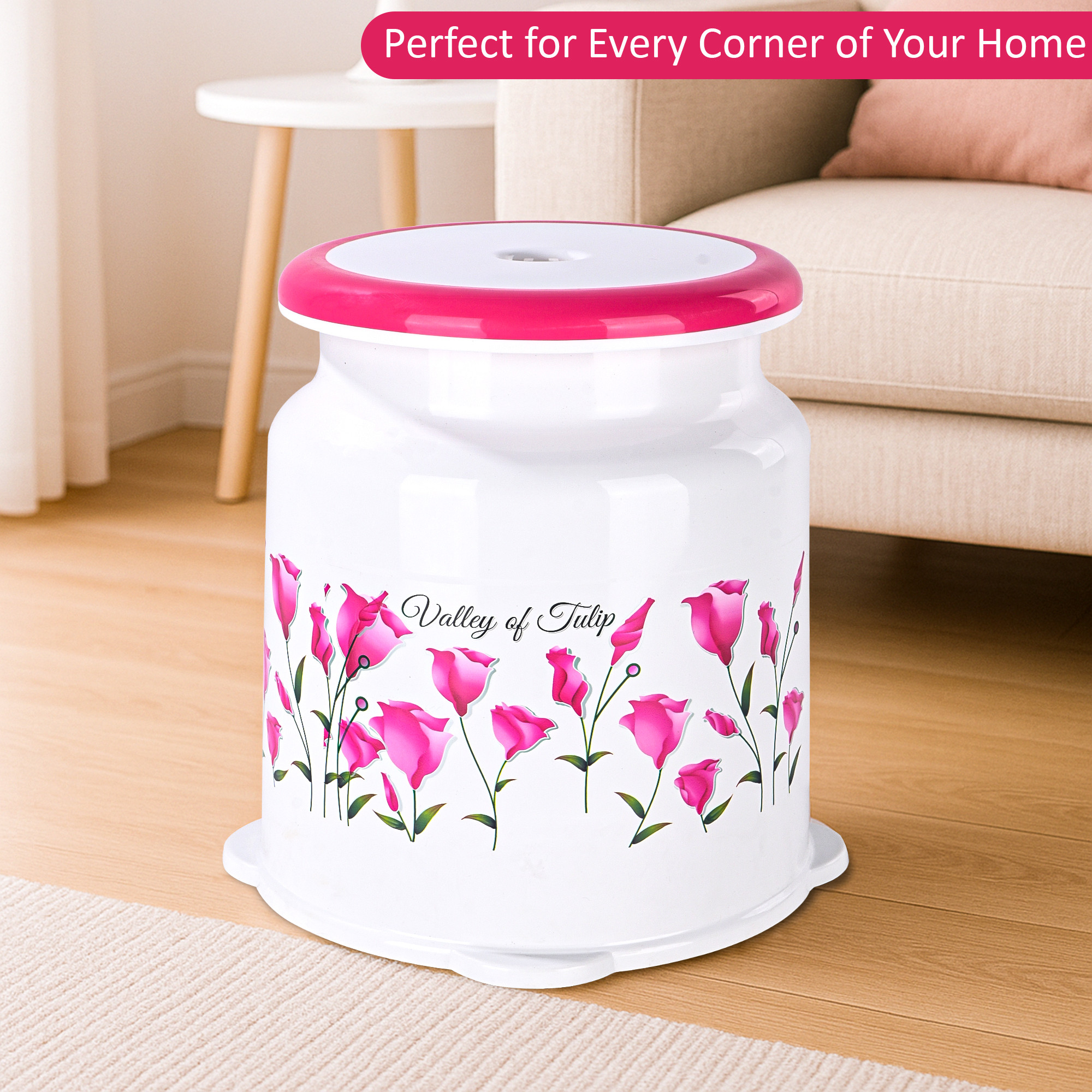 Strong Plastic Tulip Design Round Seating Stool for Home  Anti-Slip Stool for Adult  Senior Citizen-Friendly Design  White  Pink