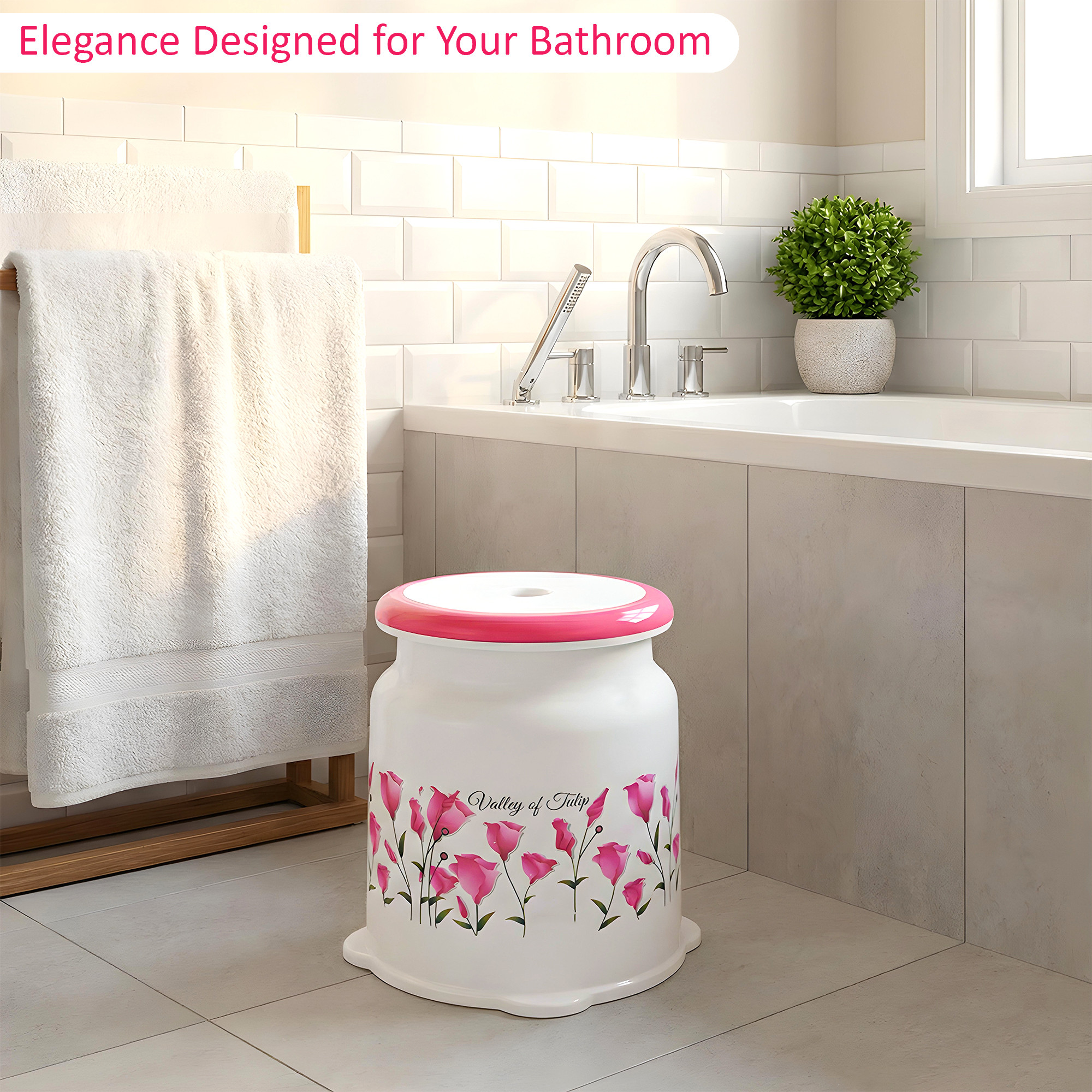 Strong Plastic Tulip Design Round Seating Stool for Home  Anti-Slip Stool for Adult  Senior Citizen-Friendly Design  White  Pink