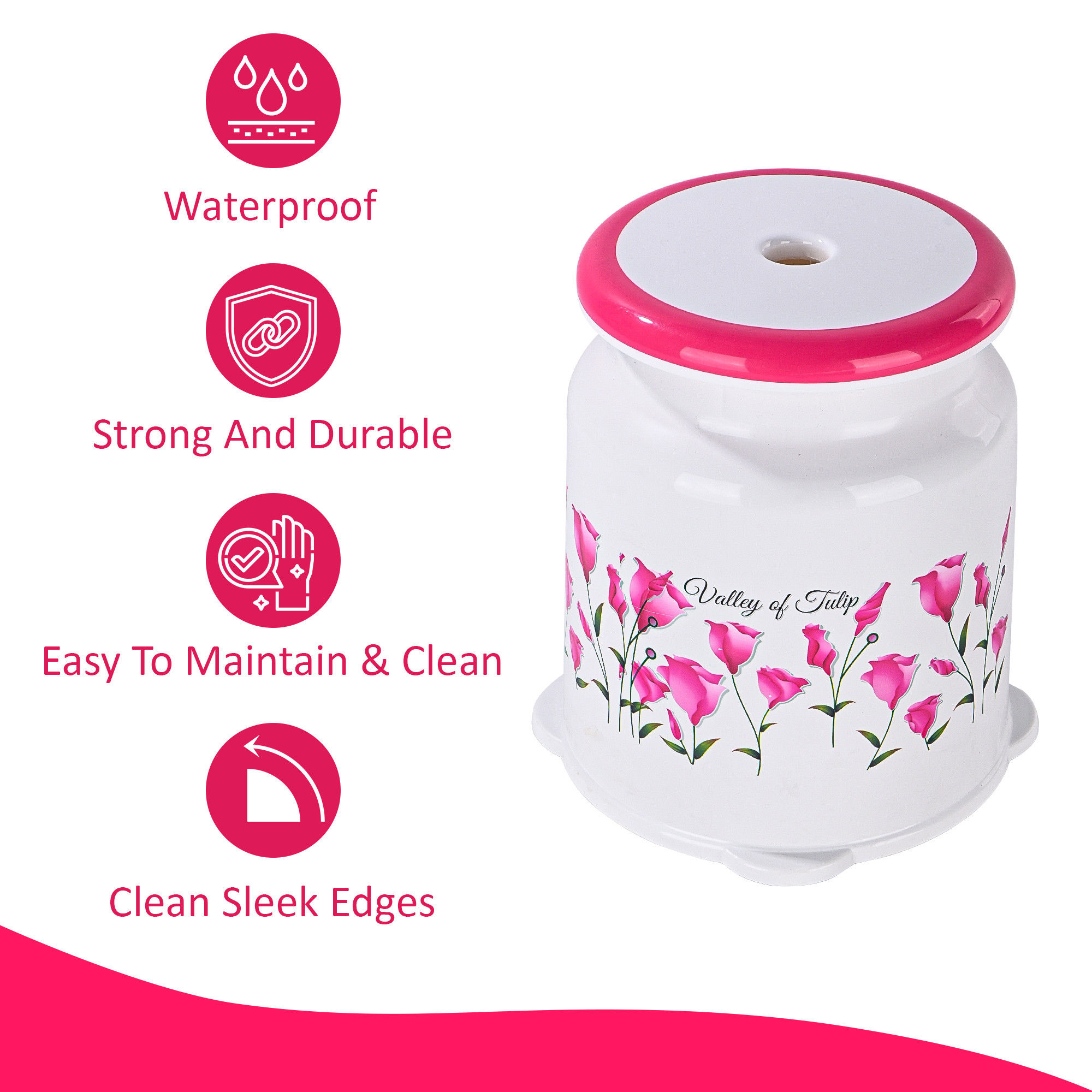 Strong Plastic Tulip Design Round Seating Stool for Home  Anti-Slip Stool for Adult  Senior Citizen-Friendly Design  White  Pink