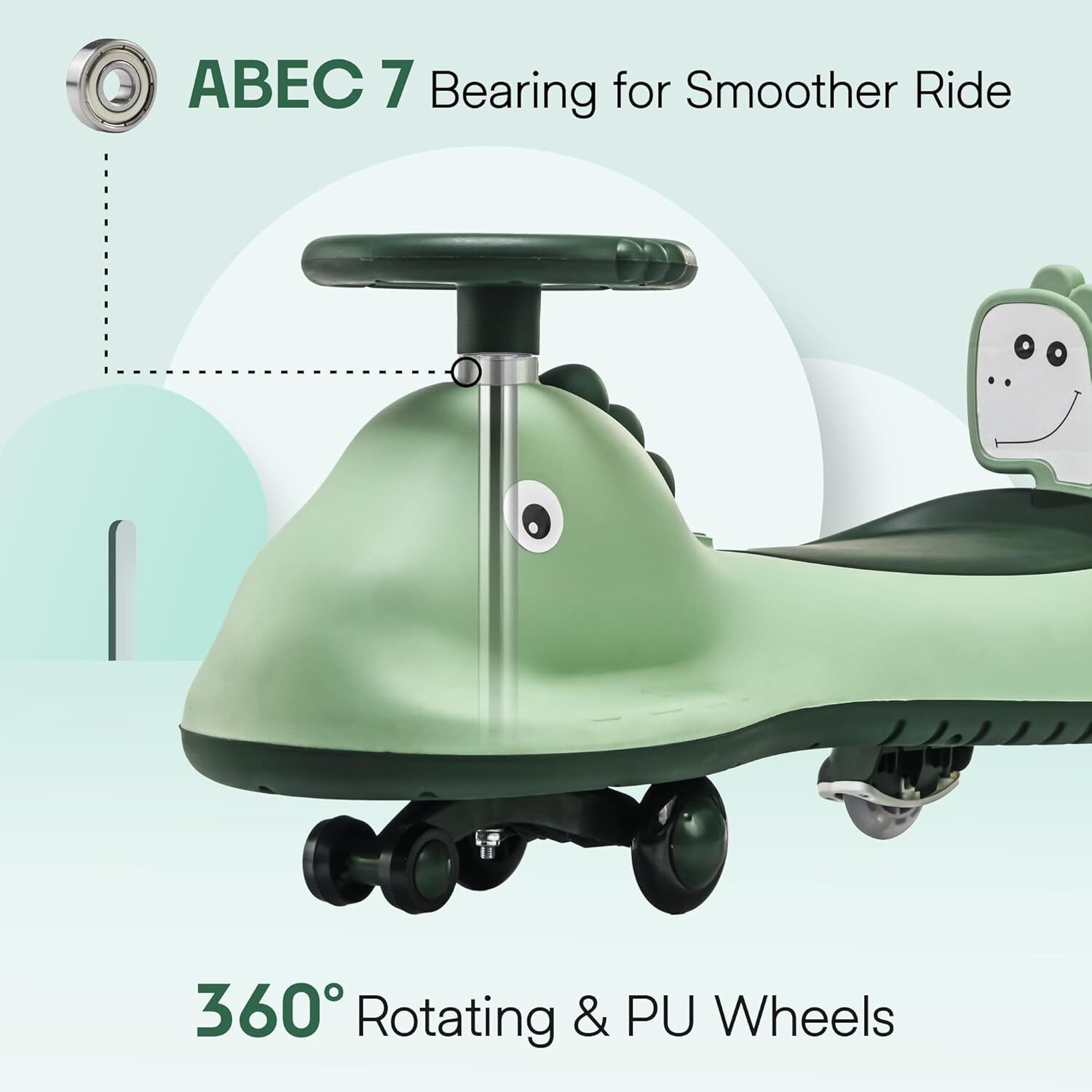 Kuber Industries Swing Car for Kids 3 Years  Twister Push Ride 360 Rotating  PU Wheels  80 Kg Weight Capacity  Green - Shark