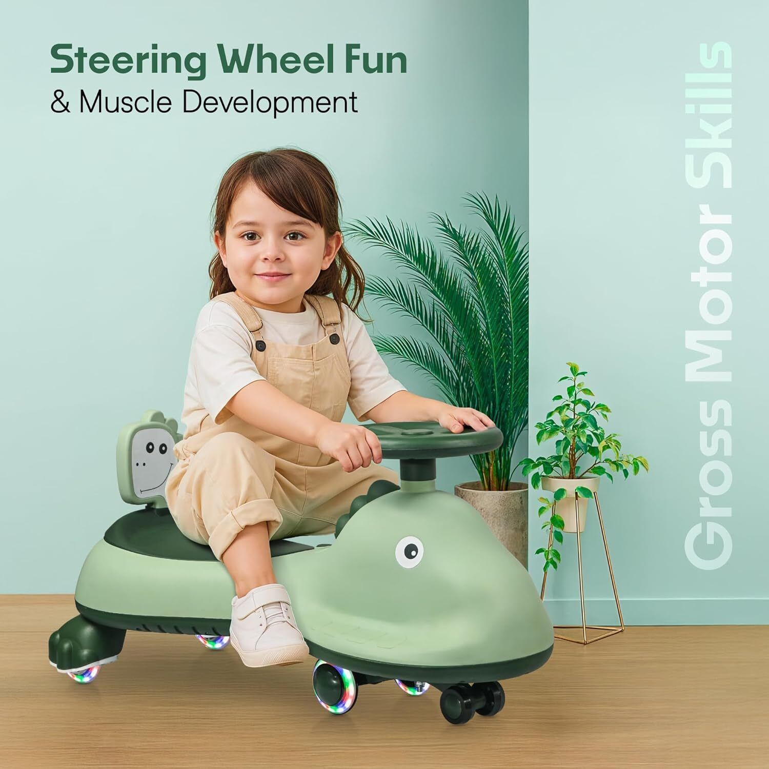 Kuber Industries Swing Car for Kids 3 Years  Twister Push Ride 360 Rotating  PU Wheels  80 Kg Weight Capacity  Green - Shark