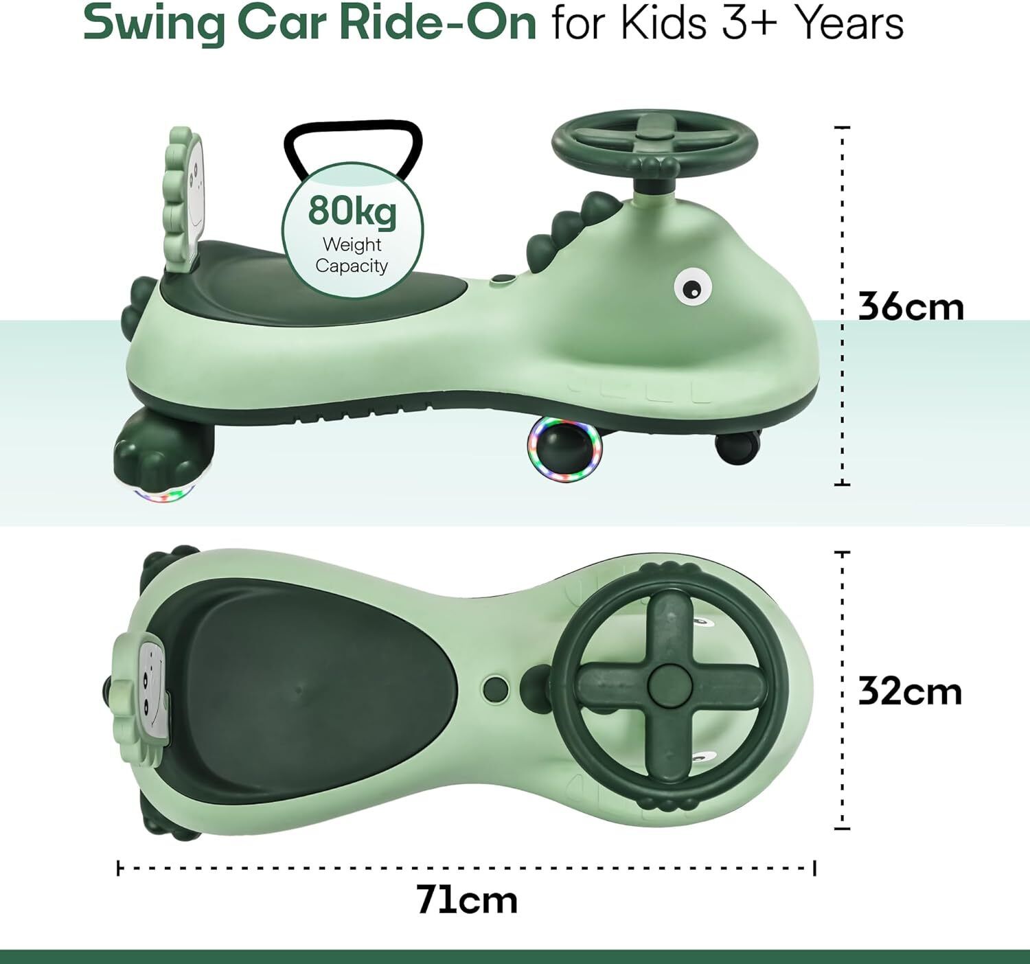 Kuber Industries Swing Car for Kids 3 Years  Twister Push Ride 360 Rotating  PU Wheels  80 Kg Weight Capacity  Green - Shark