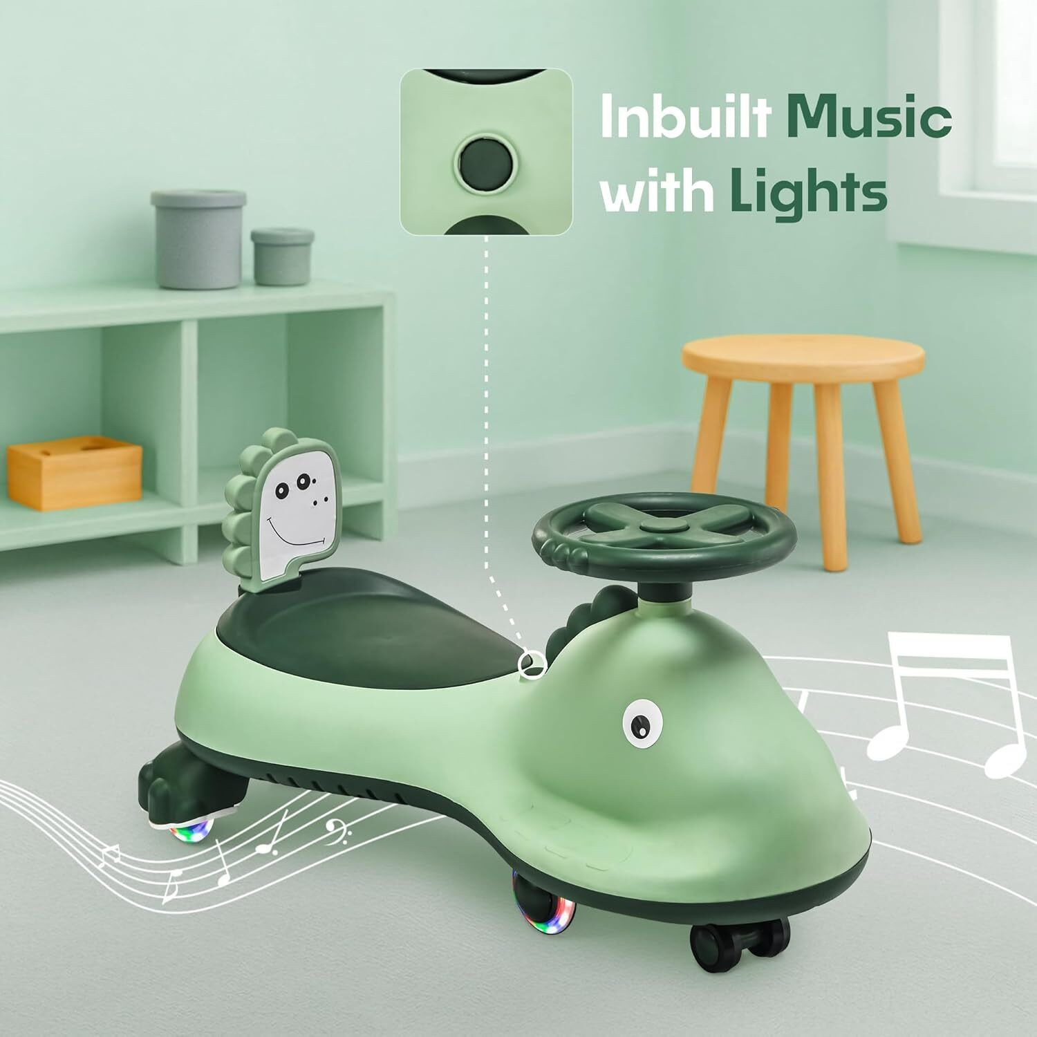 Kuber Industries Swing Car for Kids 3 Years  Twister Push Ride 360 Rotating  PU Wheels  80 Kg Weight Capacity  Green - Shark