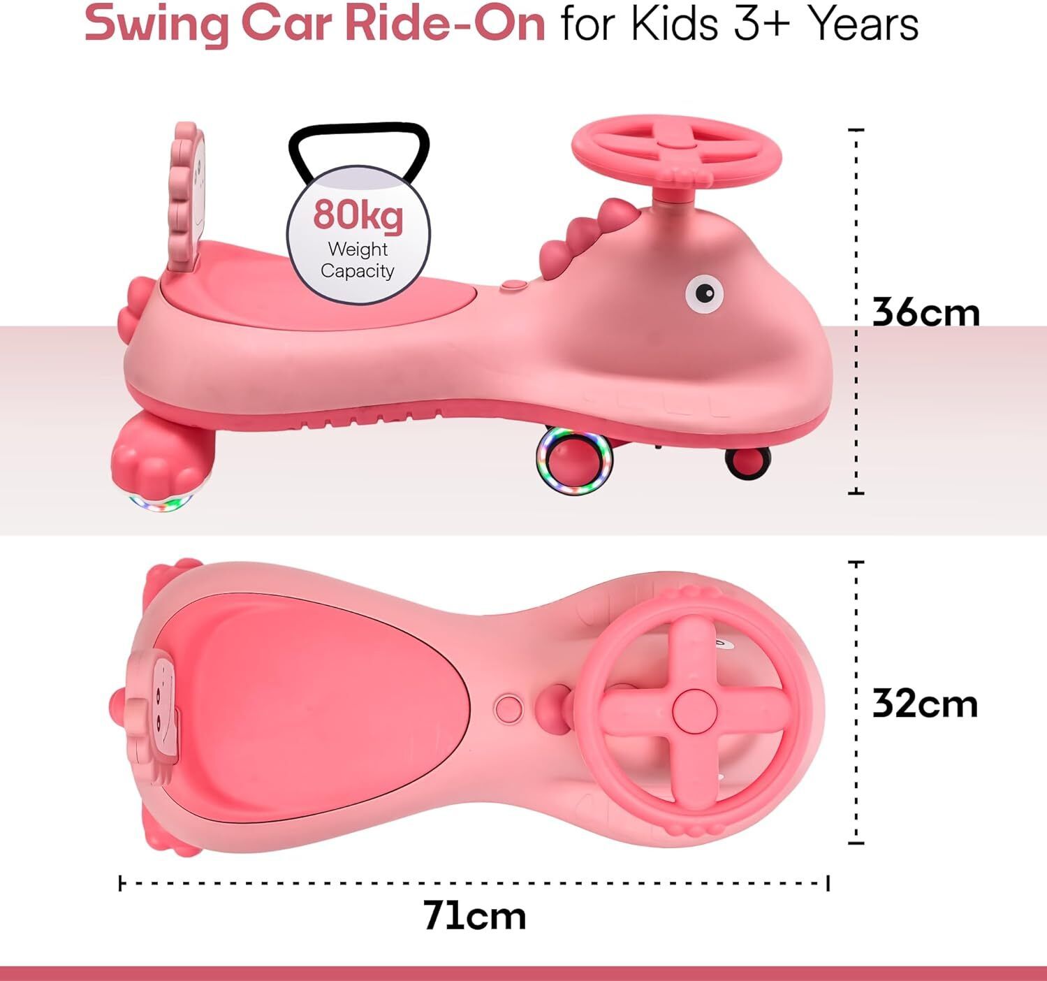 Kuber Industries Swing Car for Kids 3 Years  Twister Push Ride 360 Rotating  PU Wheels  80 Kg Weight Capacity  Pink - Shark