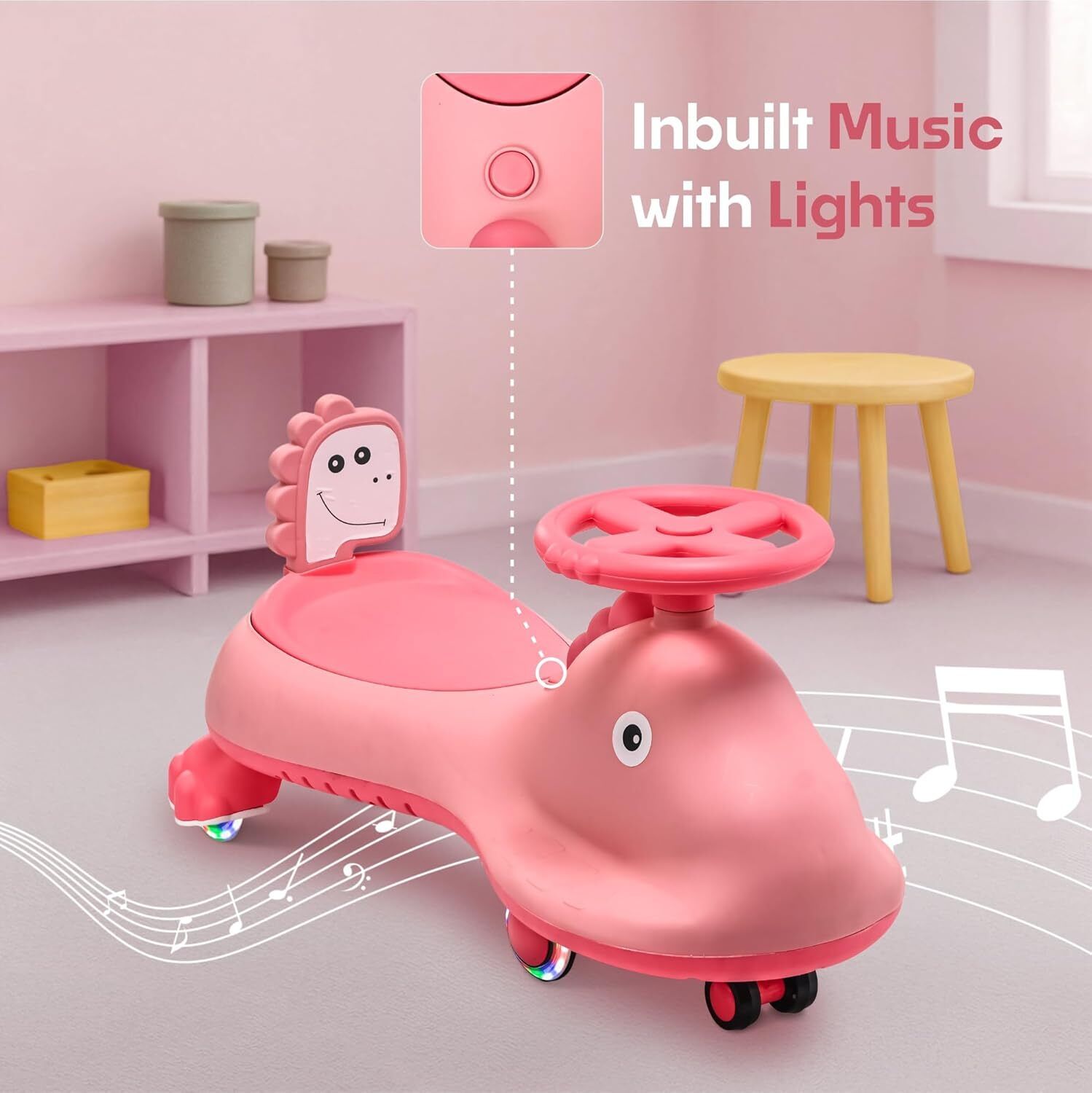 Kuber Industries Swing Car for Kids 3 Years  Twister Push Ride 360 Rotating  PU Wheels  80 Kg Weight Capacity  Pink - Shark