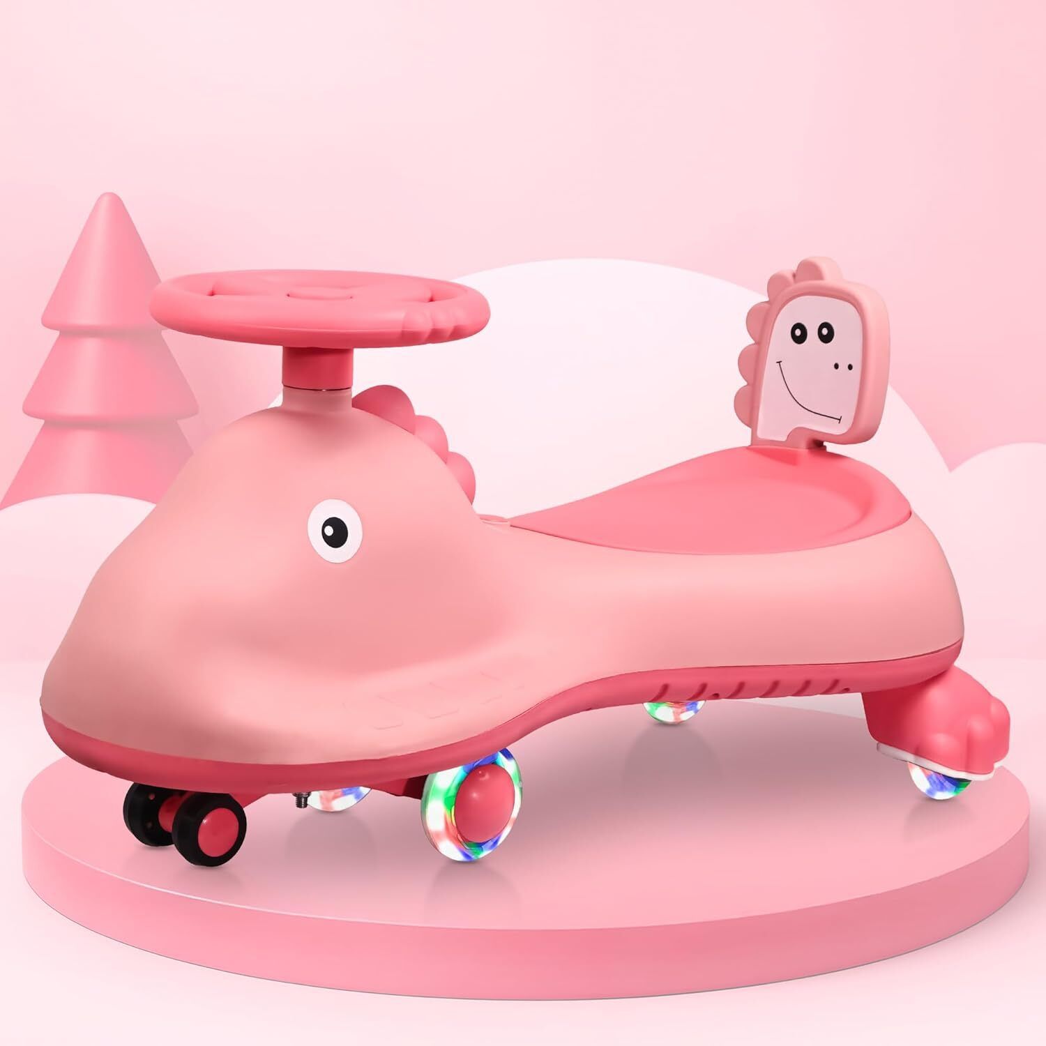 Kuber Industries Swing Car for Kids 3 Years  Twister Push Ride 360 Rotating  PU Wheels  80 Kg Weight Capacity  Pink - Shark
