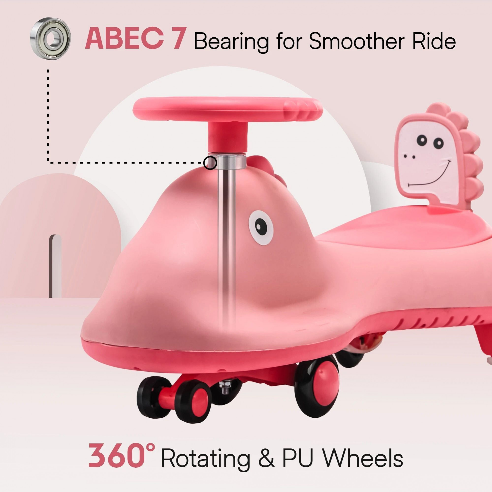 Kuber Industries Swing Car for Kids 3 Years  Twister Push Ride 360 Rotating  PU Wheels  80 Kg Weight Capacity  Pink - Shark