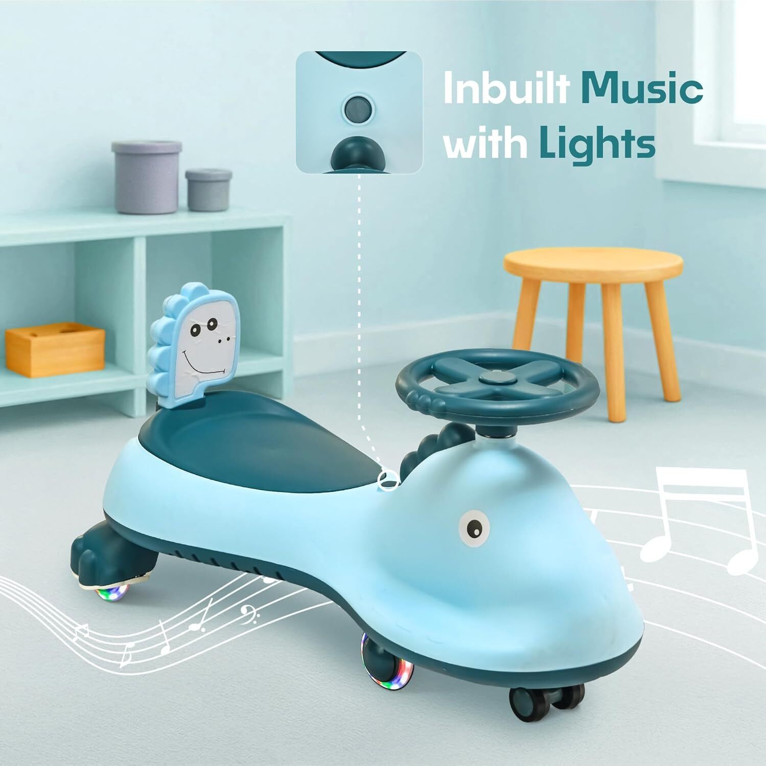 Kuber Industries Swing Car for Kids 3 Years  Twister Push Ride 360 Rotating  PU Wheels  80 Kg Weight Capacity  Sky Blue - Shark