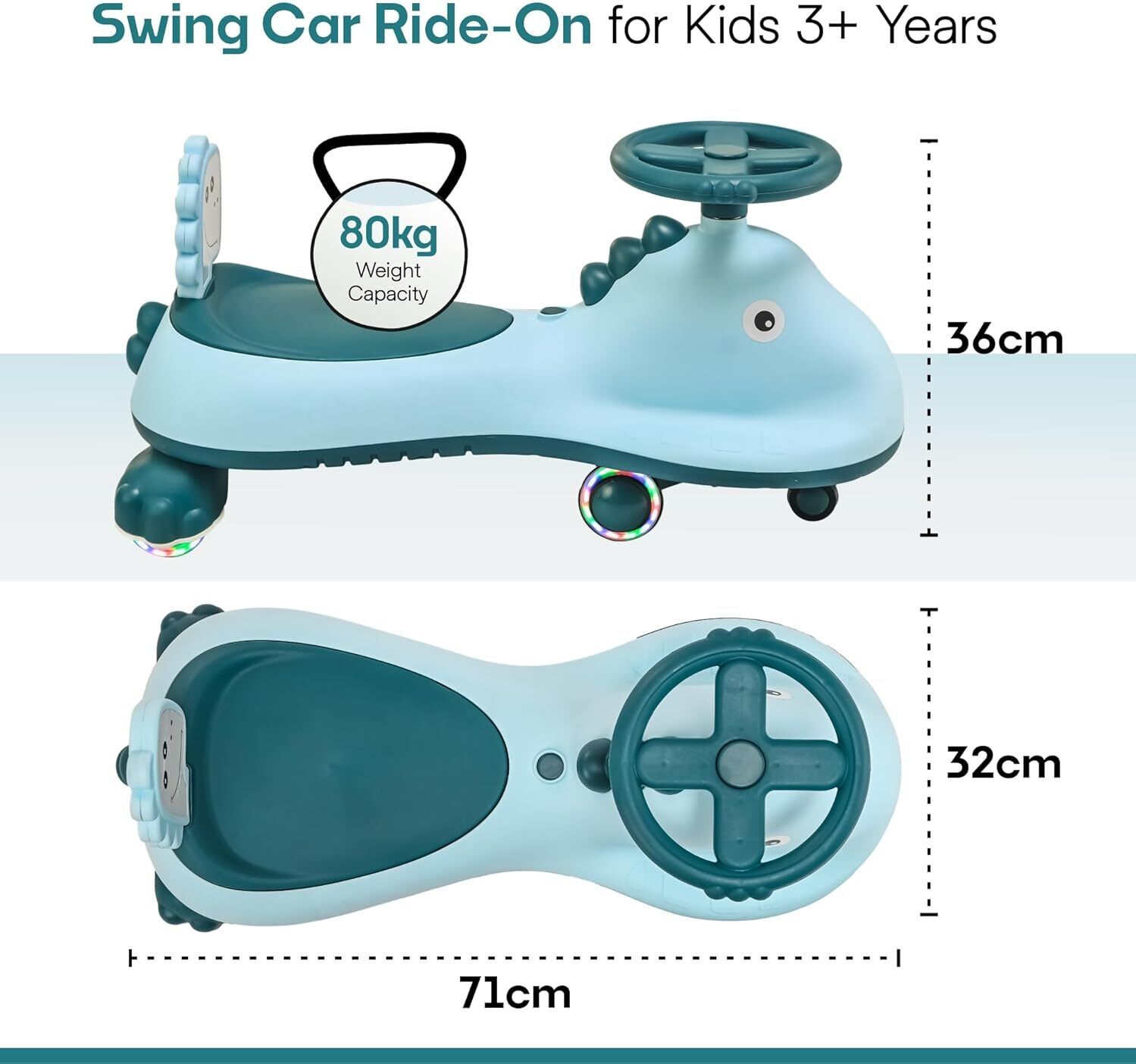 Kuber Industries Swing Car for Kids 3 Years  Twister Push Ride 360 Rotating  PU Wheels  80 Kg Weight Capacity  Sky Blue - Shark