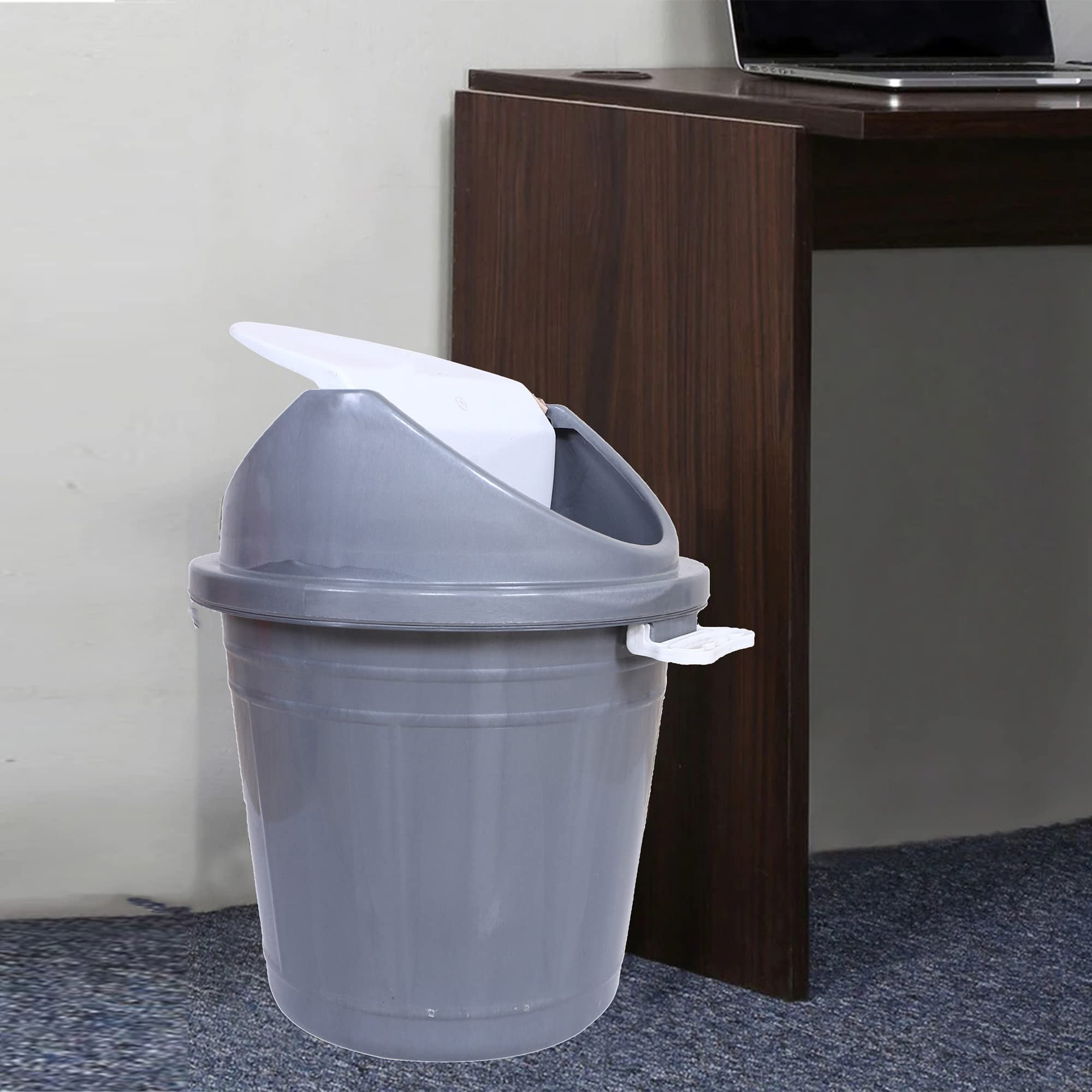 Swing Top Lid DustbinPlastic Garbage Basket  Round Trash CanWaste Bin with Lid For HomeBathroomOfficeWashrooms30 Litre Gray