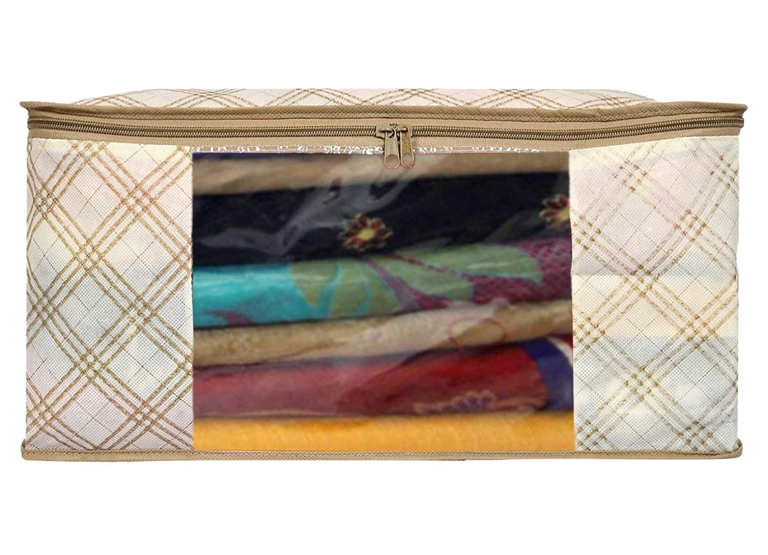 Tartan Design Non-woven Foldable Saree CoverClothes Storage BagWardrobe Organizer With Transparent Window- Pack of 3 Beige-44KM0369