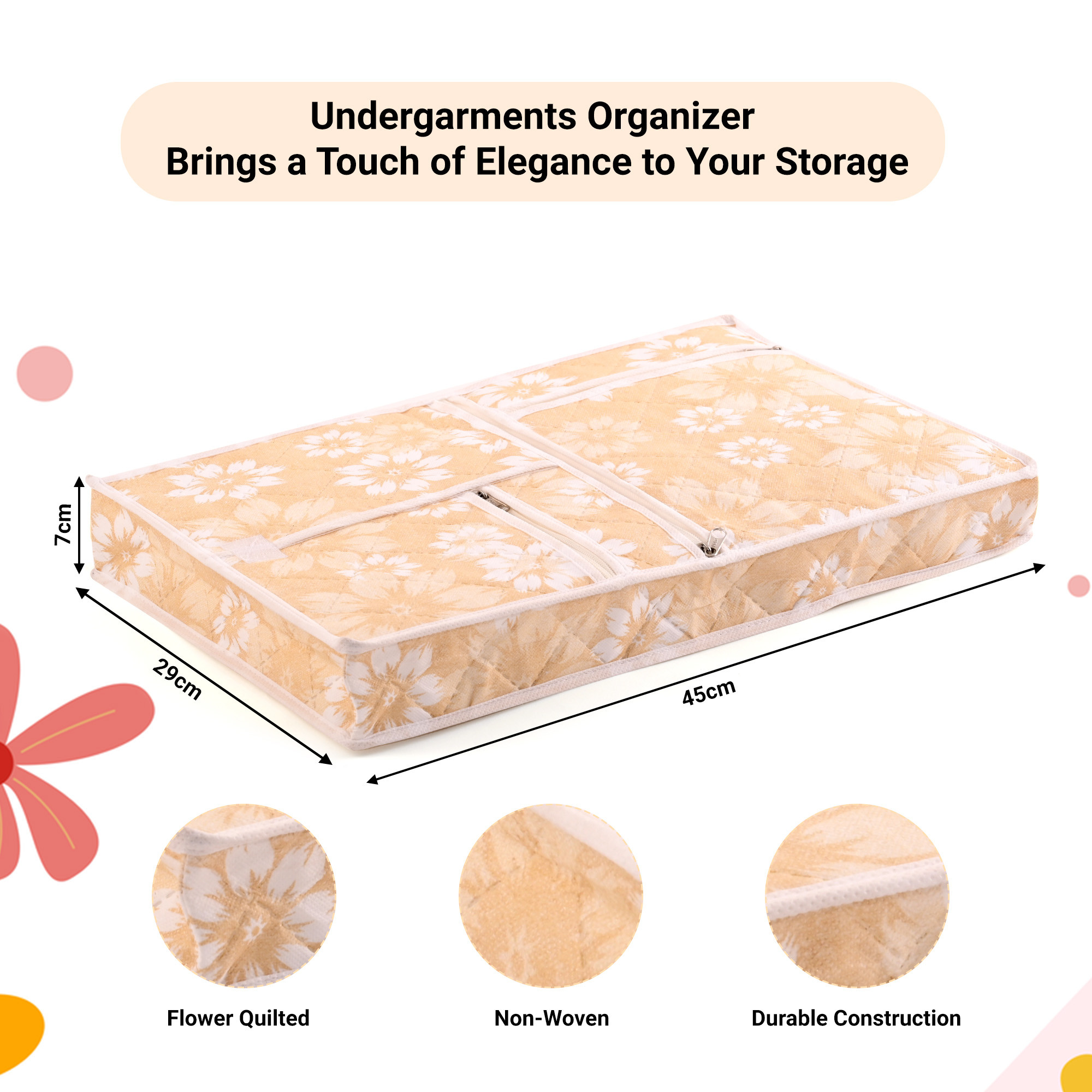 Travel Storage Organizer  Clothes Packing Cubes for Underwear-Socks-Bra-Panty-Jewellery  Undergarments Organizer  Travel Space Saver Storage Bags  Flower Quilted  XL  Golden