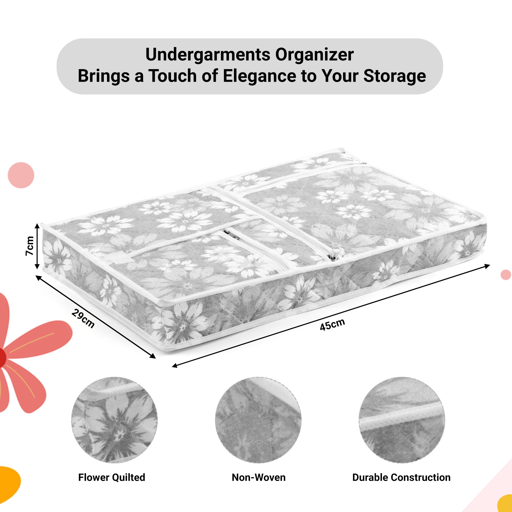 Travel Storage Organizer  Clothes Packing Cubes for Underwear-Socks-Bra-Panty-Jewellery  Undergarments Organizer  Travel Space Saver Storage Bags  Flower Quilted  XL  Gray
