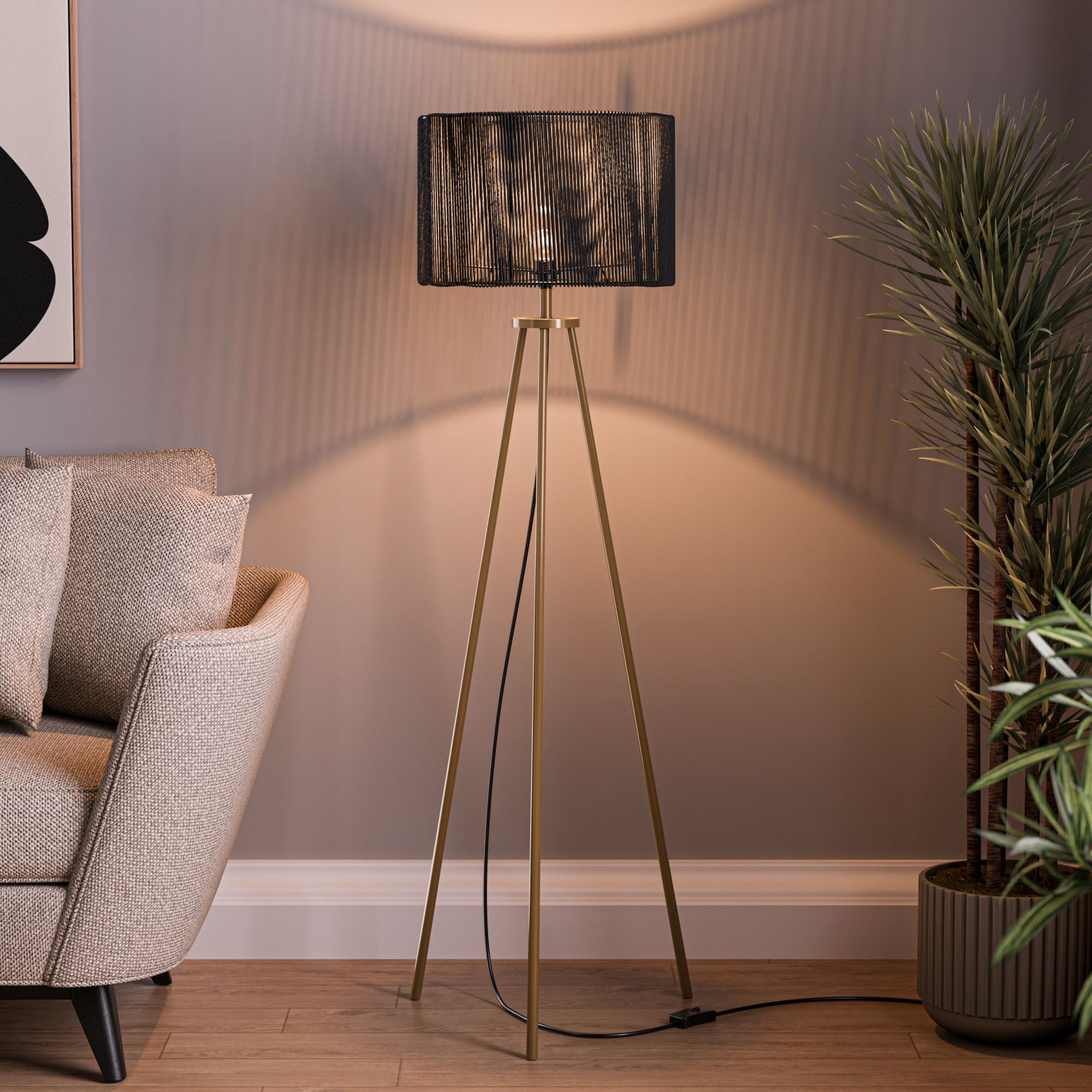 Tripod Floor Lamp for Bedroom  Corner Standing Lamp for Living Room Hall  Office  Bulb Not Included  MI - 3555 Golden  Black