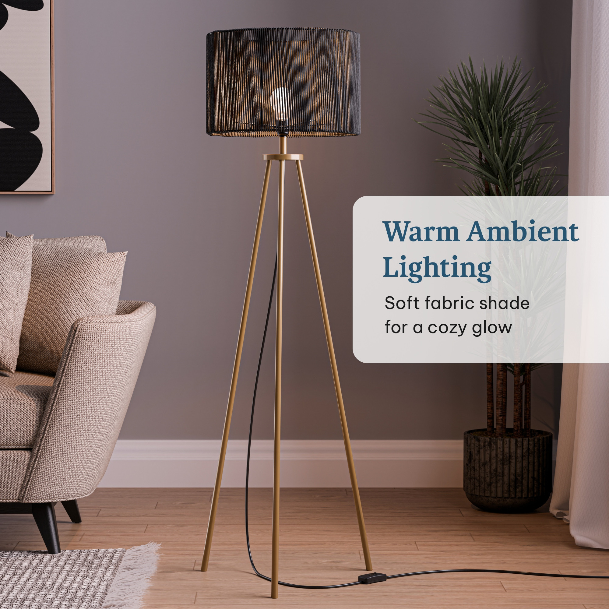 Tripod Floor Lamp for Bedroom  Corner Standing Lamp for Living Room Hall  Office  Bulb Not Included  MI - 3555 Golden  Black