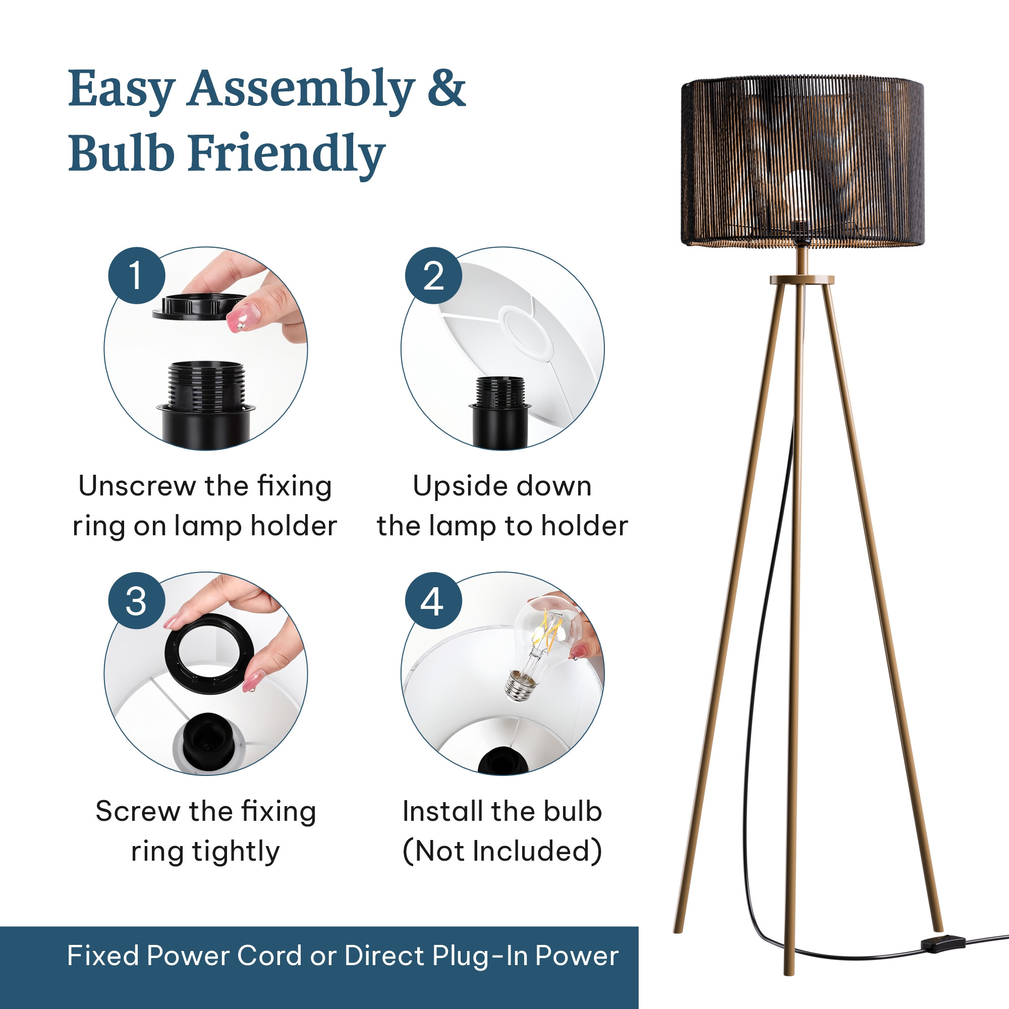 Tripod Floor Lamp for Bedroom  Corner Standing Lamp for Living Room Hall  Office  Bulb Not Included  MI - 3555 Golden  Black