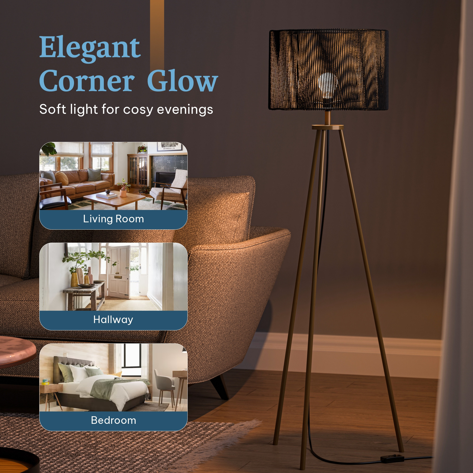 Tripod Floor Lamp for Bedroom  Corner Standing Lamp for Living Room Hall  Office  Bulb Not Included  MI - 3555 Golden  Black