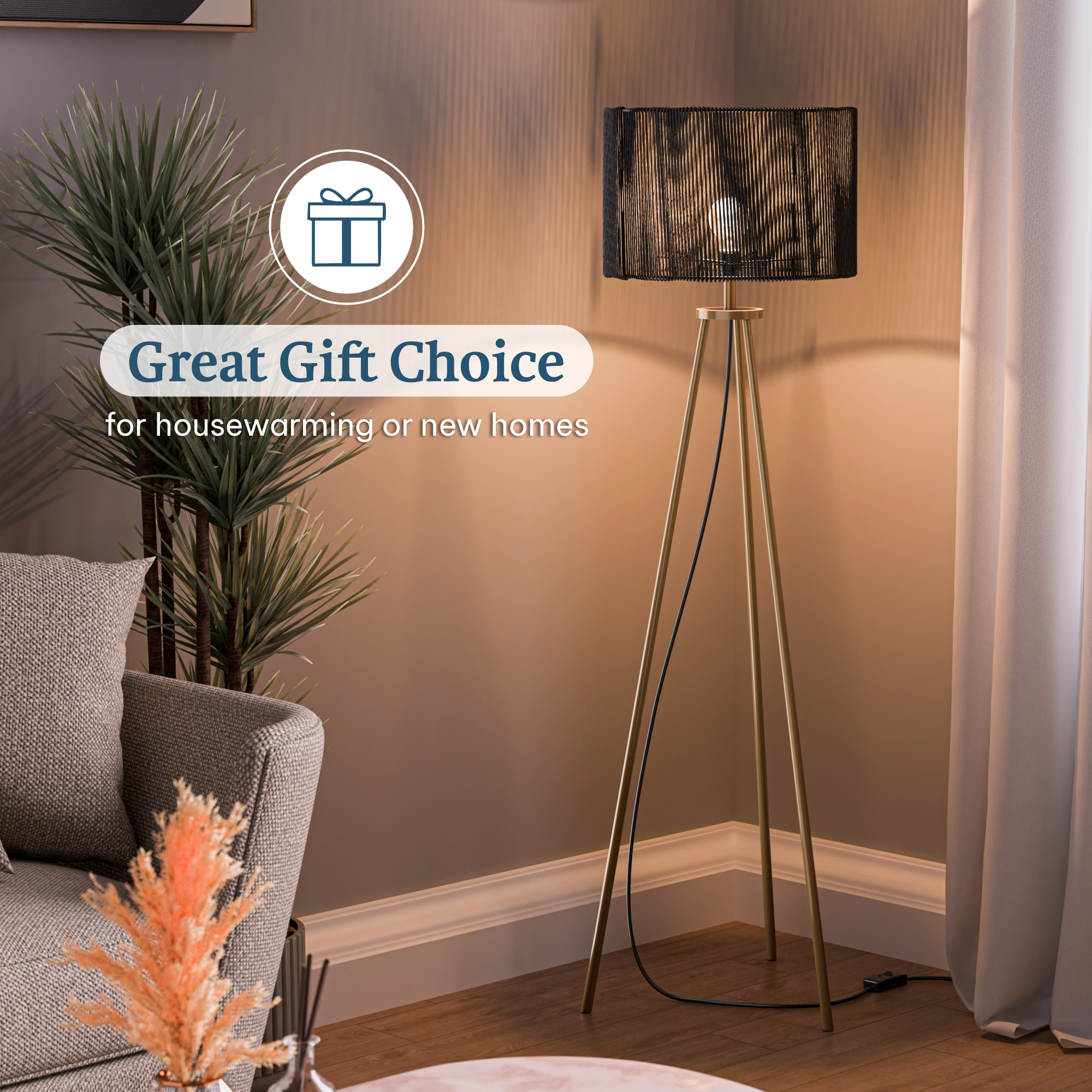 Tripod Floor Lamp for Bedroom  Corner Standing Lamp for Living Room Hall  Office  Bulb Not Included  MI - 3555 Golden  Black