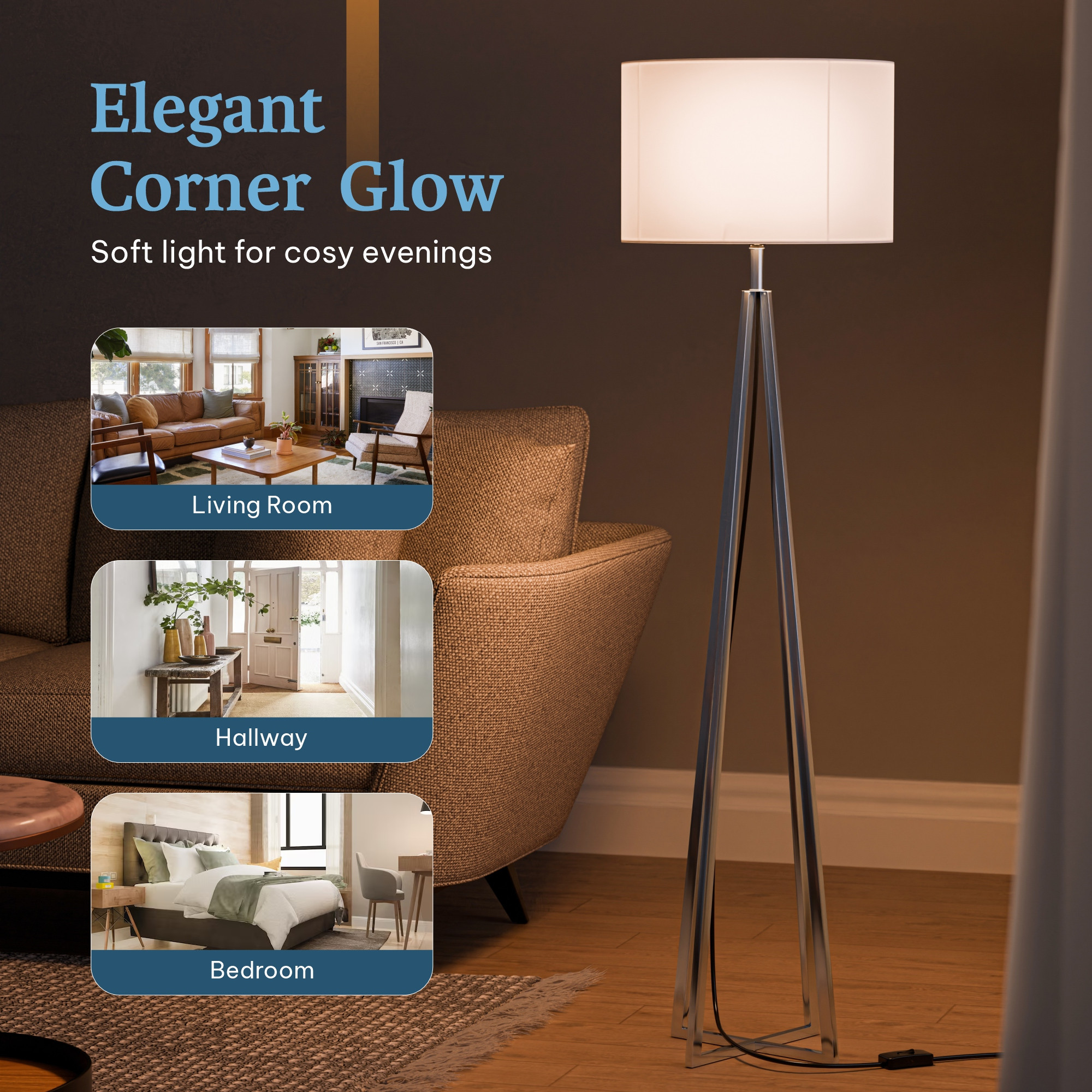 Tripod Floor Large Lamp for Bedroom  Corner Standing Lamp for Living Room Hall  Office  Bulb Not Included  MI - 1104 Silver  White