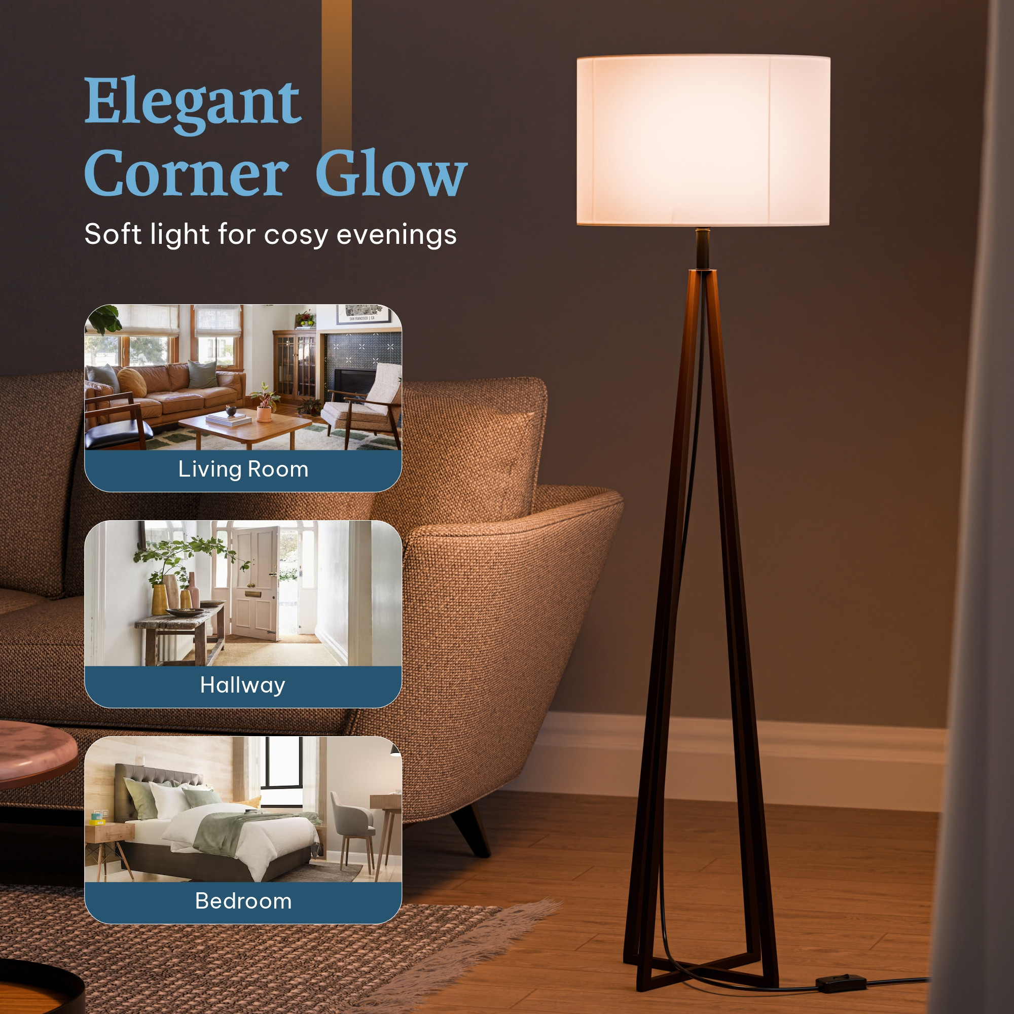 Tripod Floor Large Lamp for Bedroom  Corner Standing Lamp for Living Room Hall  Office  Bulb Not Included  MI - 1104 Brown