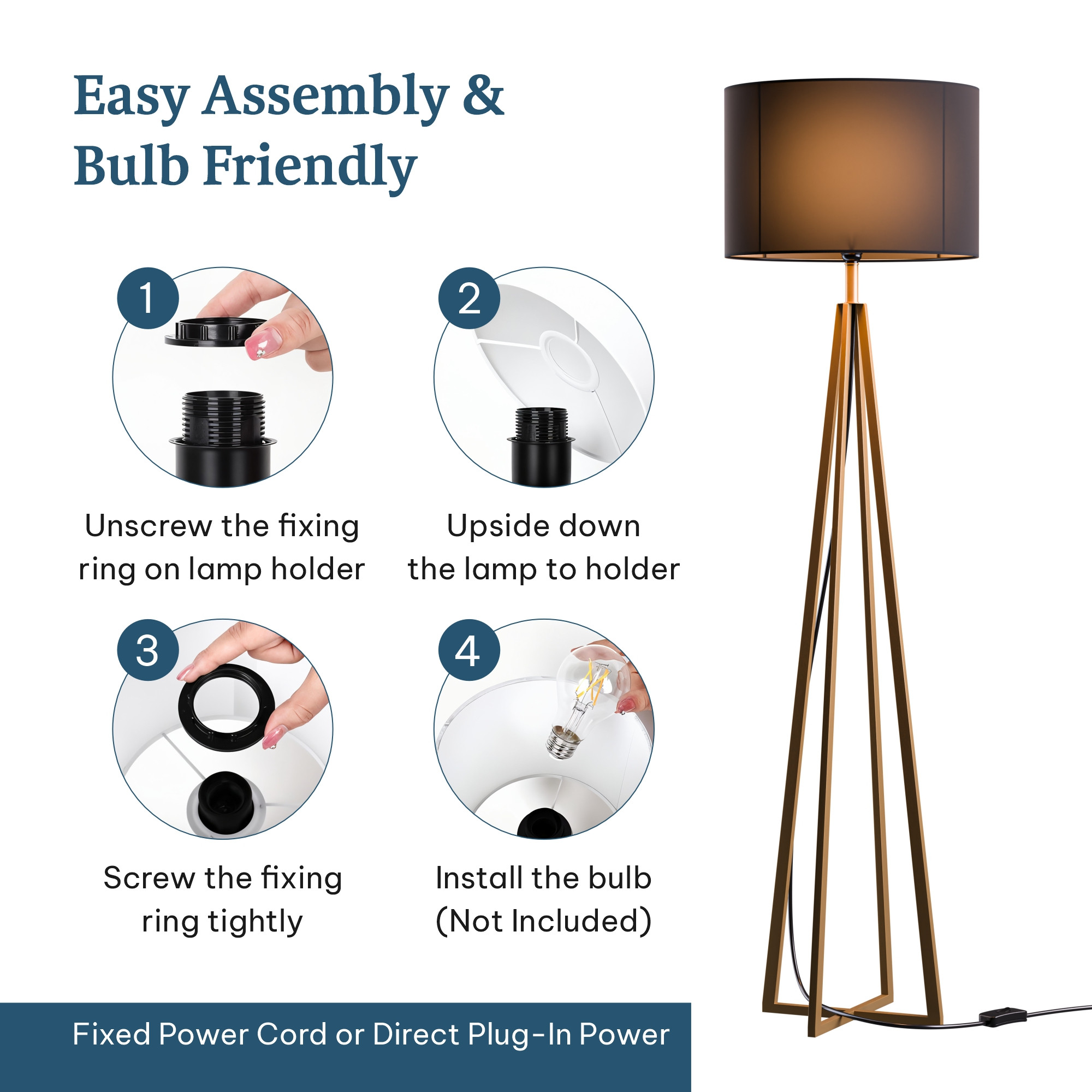 Tripod Floor Large Lamp for Bedroom  Corner Standing Lamp for Living Room Hall  Office  Bulb Not Included  MI - 1104 Golden  Black