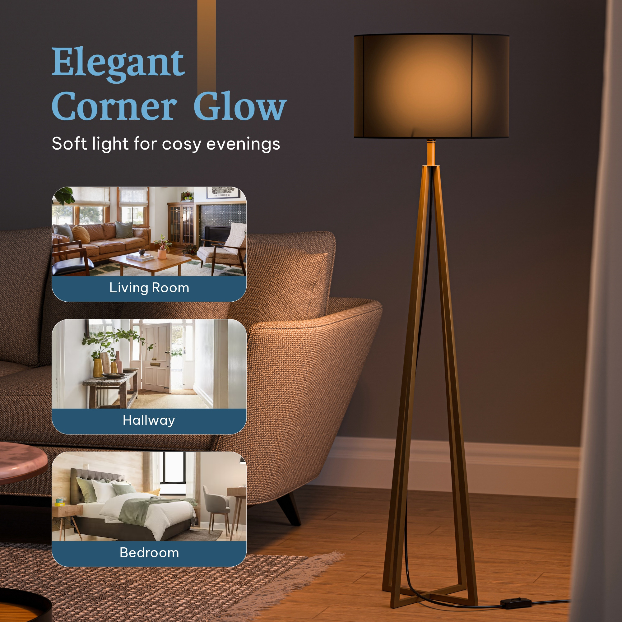 Tripod Floor Large Lamp for Bedroom  Corner Standing Lamp for Living Room Hall  Office  Bulb Not Included  MI - 1104 Golden  Black