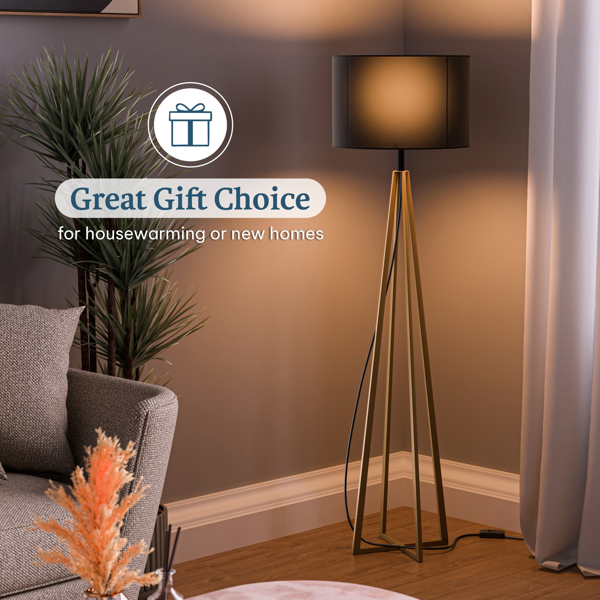 Tripod Floor Large Lamp for Bedroom  Corner Standing Lamp for Living Room Hall  Office  Bulb Not Included  MI - 1104 Golden  Black